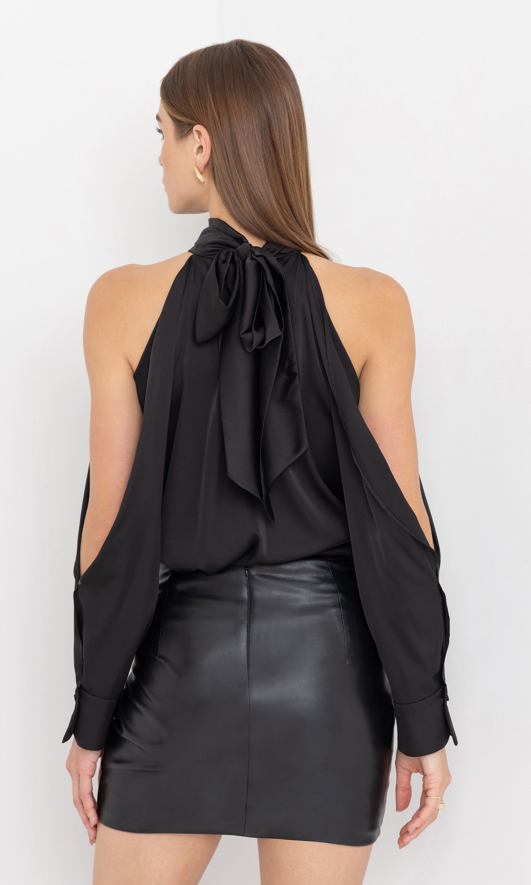 Rear view of Rossi Halter Blouse in black, showcasing the halter neckline and draped silhouette.