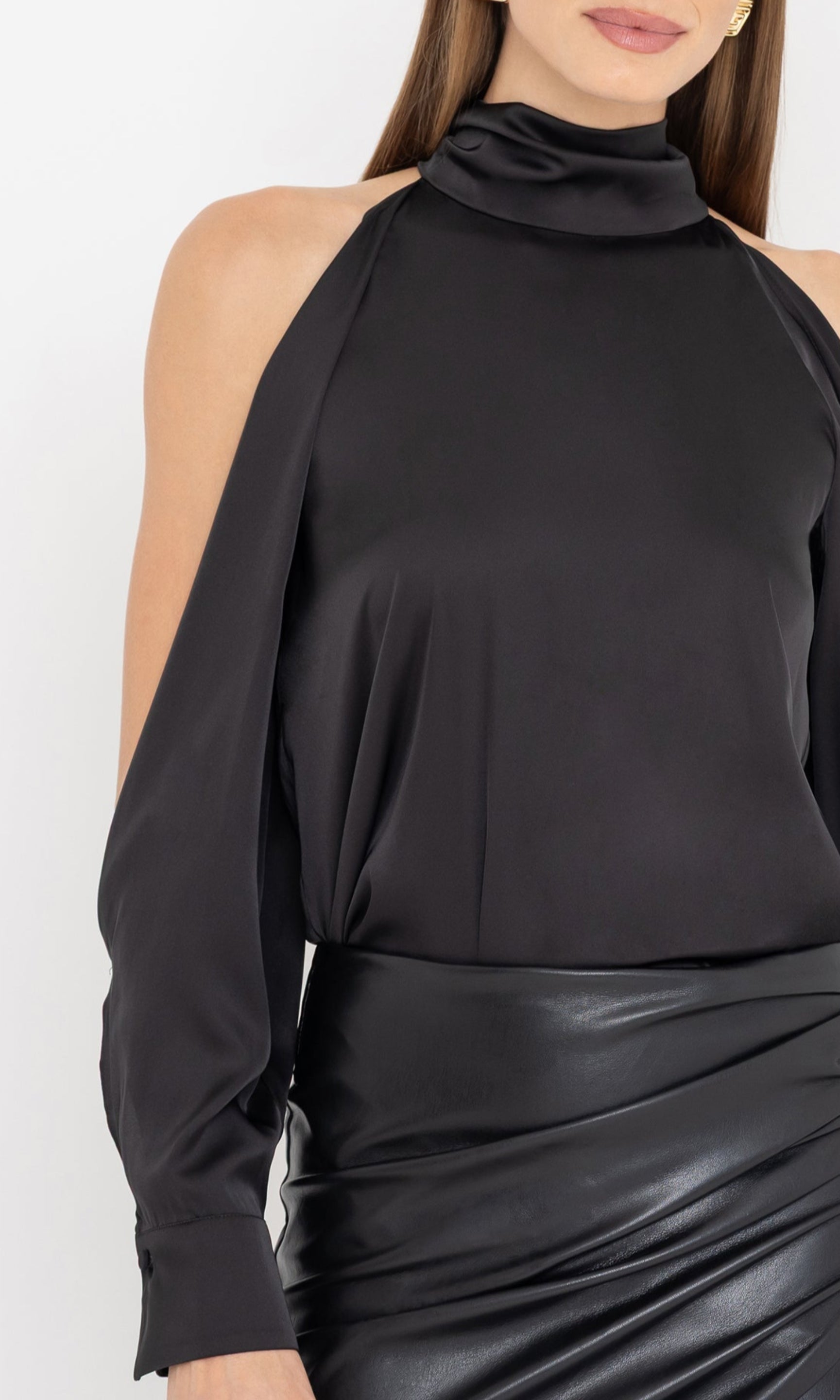 Close-up rear view of Rossi Halter Blouse in black, highlighting the open shoulder detail and smooth fabric.