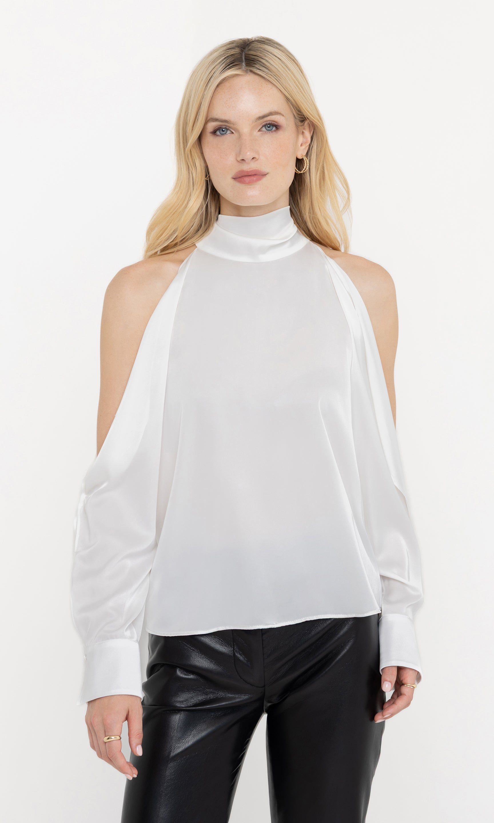 Side view of Rossi Halter Blouse in white, revealing the open shoulder detail and relaxed silhouette.