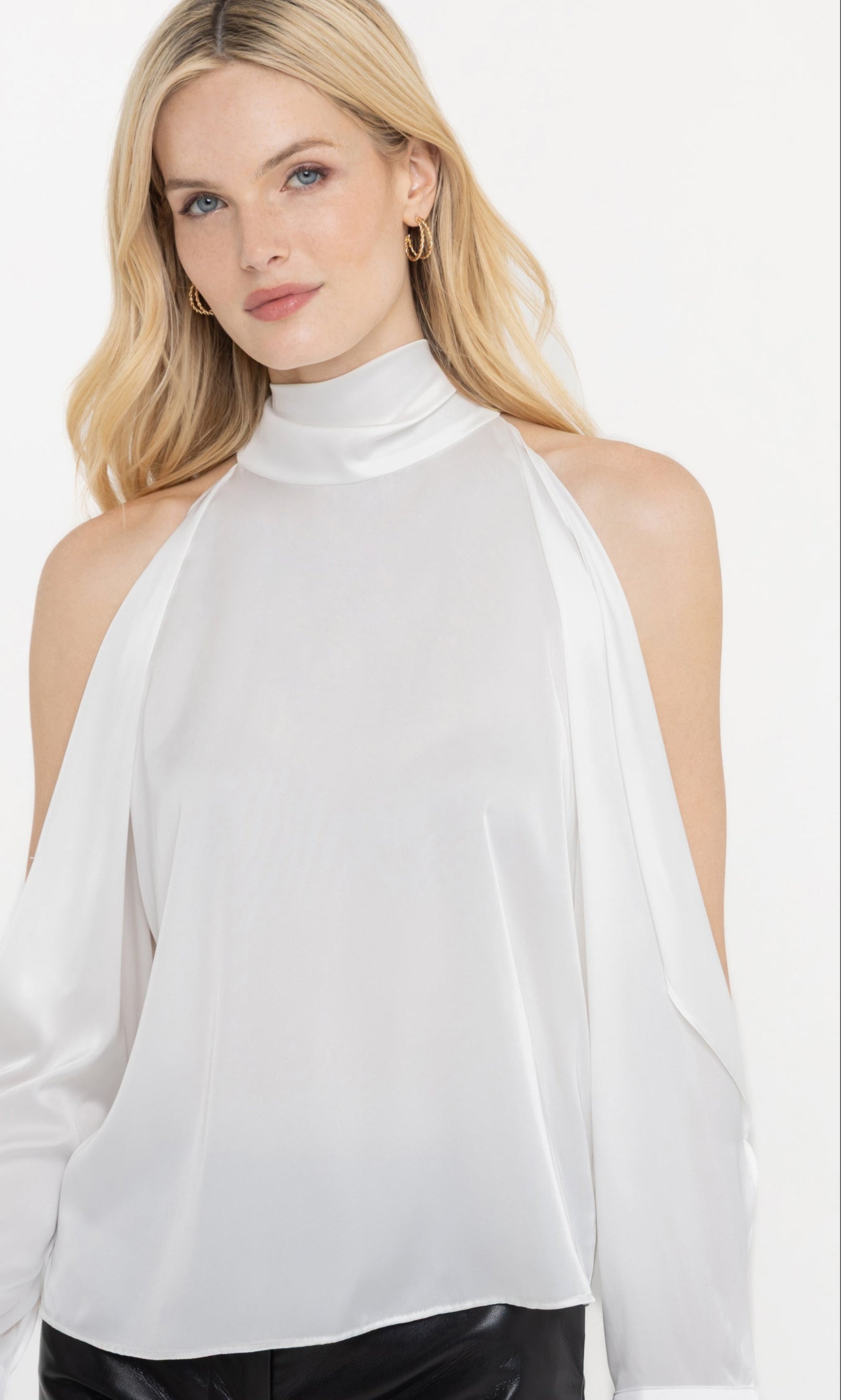Close-up front view of Rossi Halter Blouse in white, highlighting the soft fabric and elegant drape.