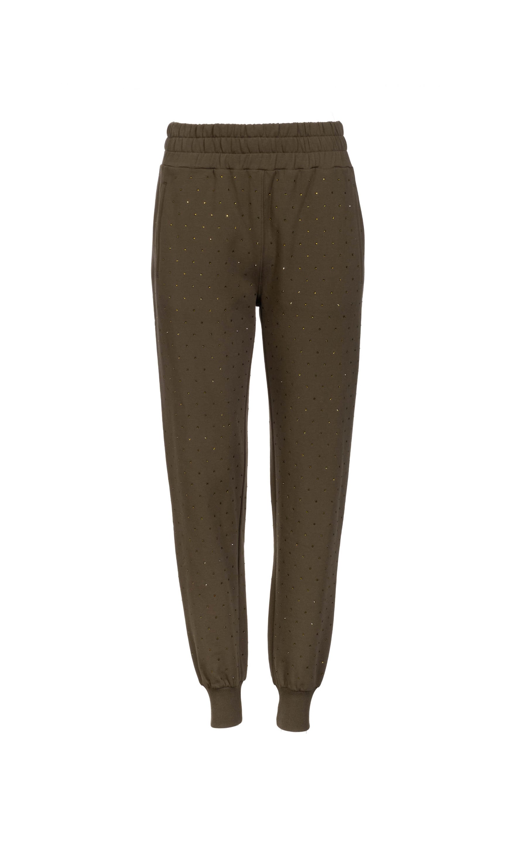 Dark olive green sweatpants on a white background