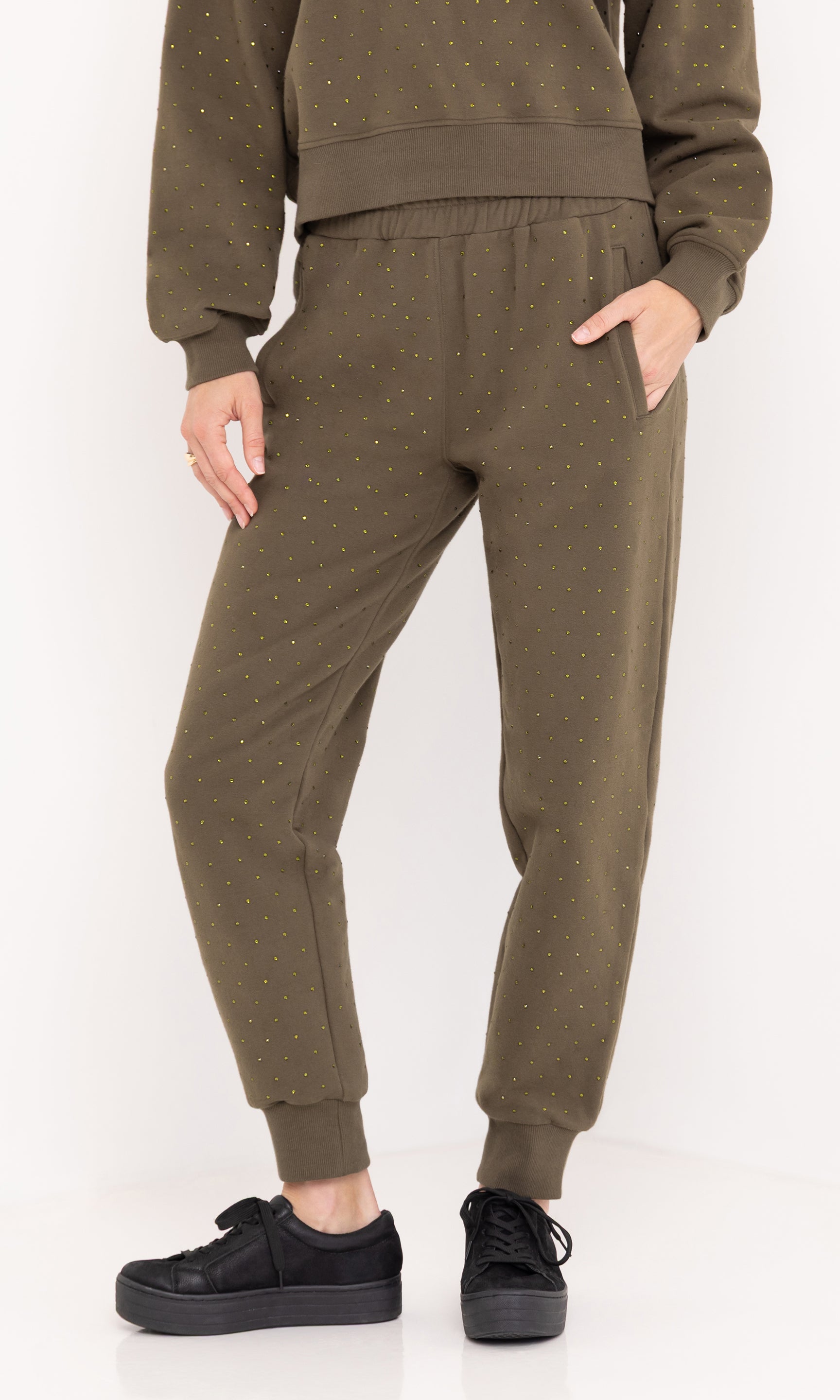 Front view of the Ruel Crystal Sweatpants in olive, highlighting the jogger fit and crystal embellishments.