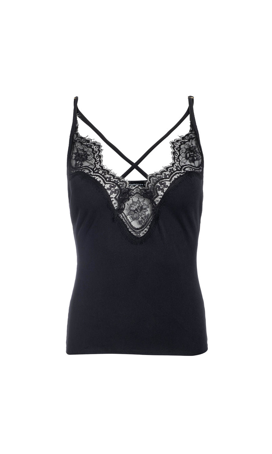 Ghost image of black lace cami top, highlighting intricate lace pattern and thin adjustable straps.