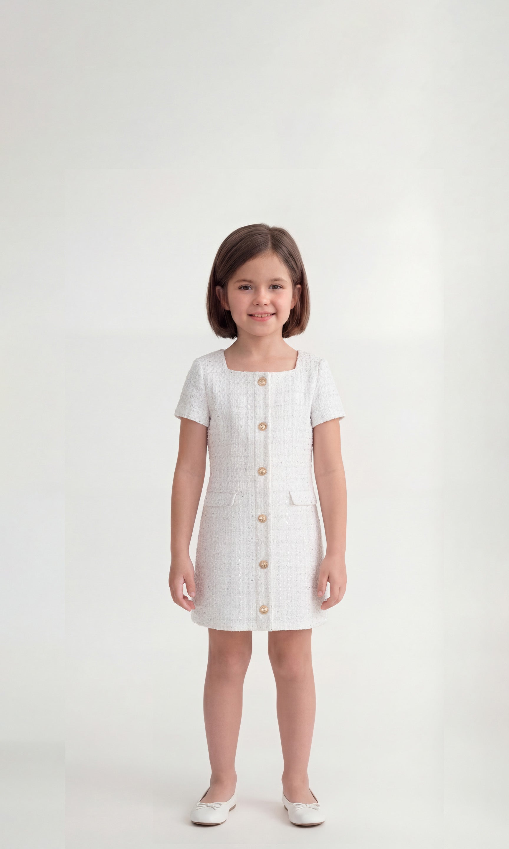 Young girl wearing a white tweed dress with short sleeves and gold buttons down the front on a white background