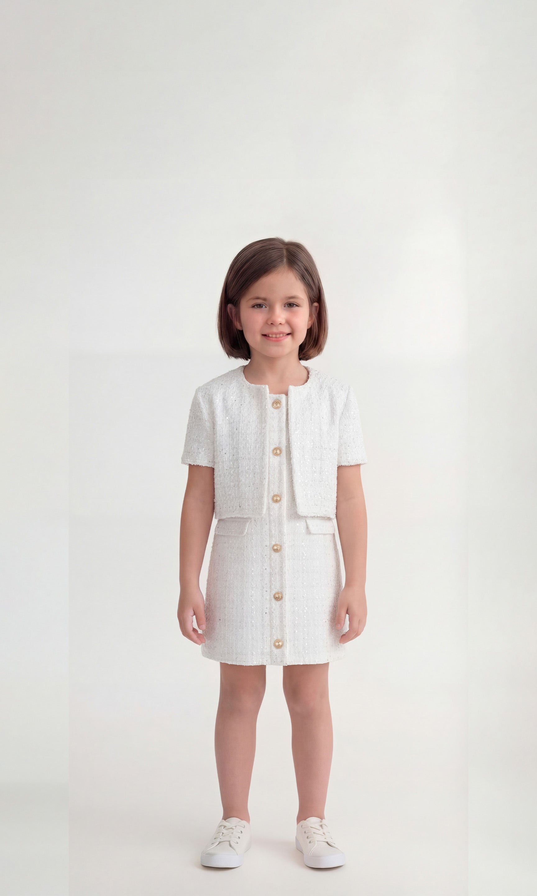 Young girl wearing a white tweed jacket over a matching dress with buttons on a white background