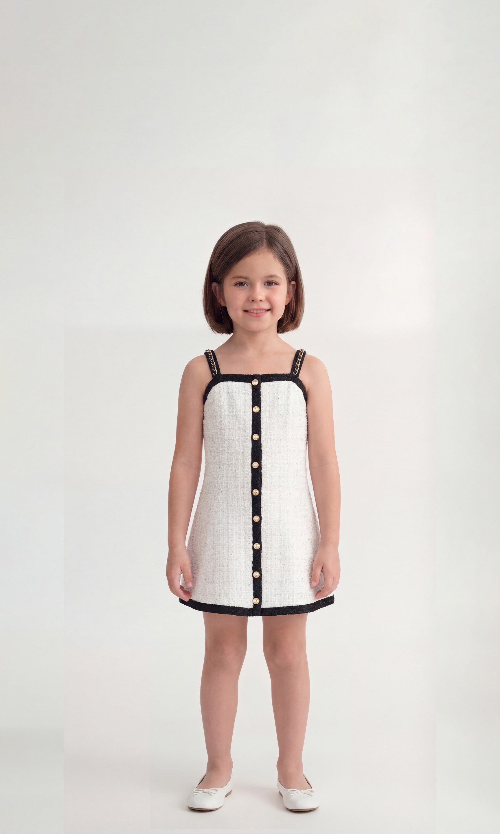 Young girl wearing a white tweed dress with black contrast trim on a white background