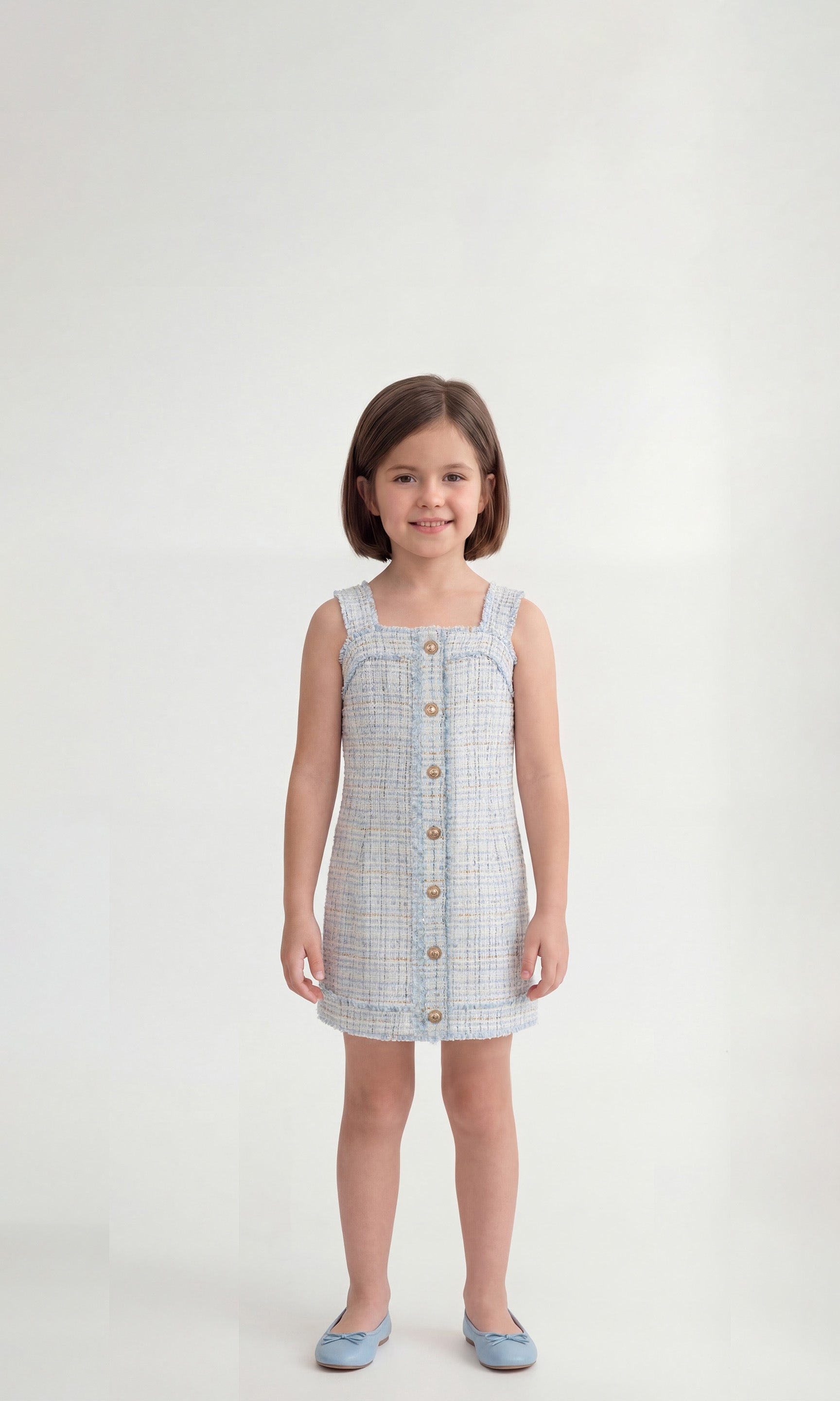 Young girl wearing a blue checkered tweed dress with buttons on a white background