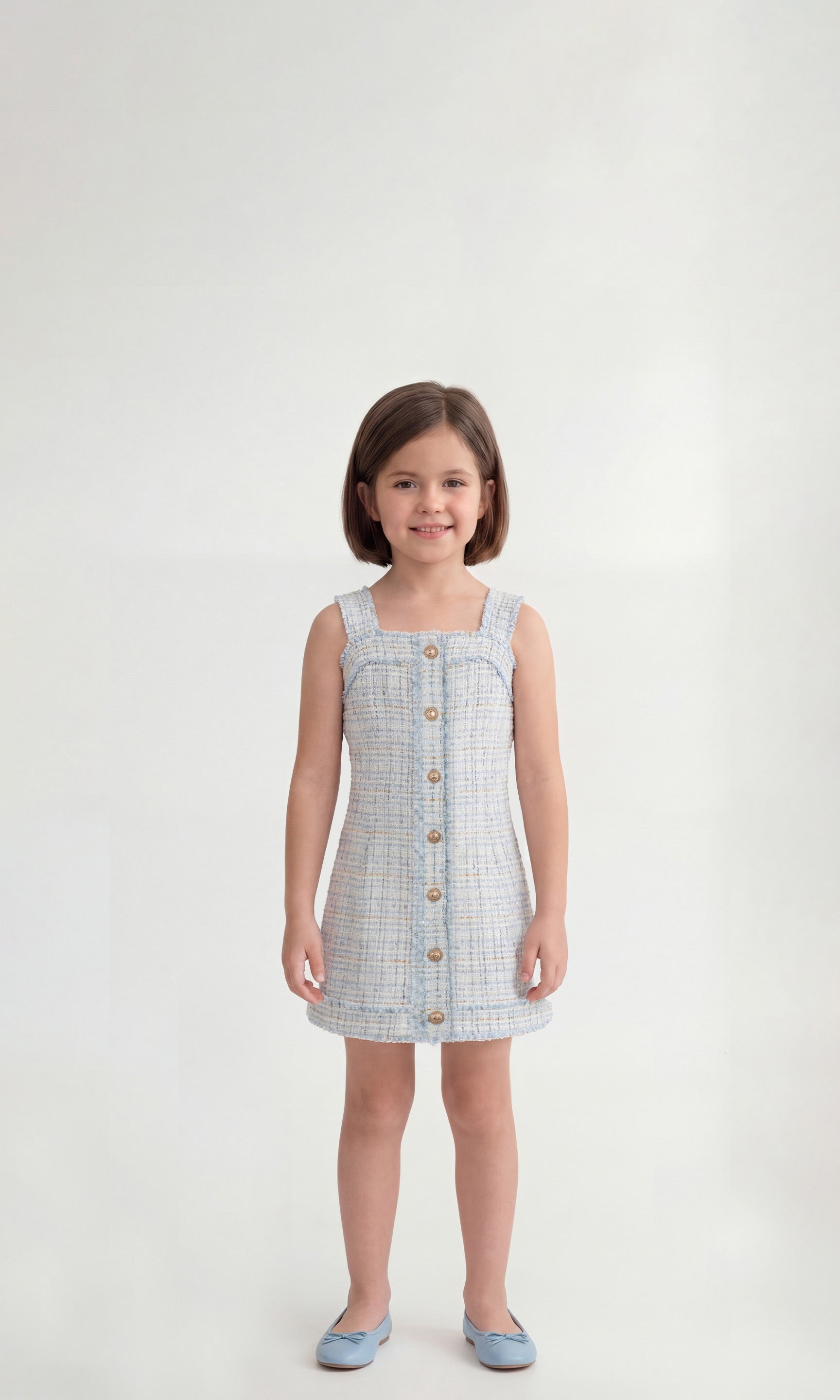 Young girl wearing a blue checkered tweed dress with buttons on a white background