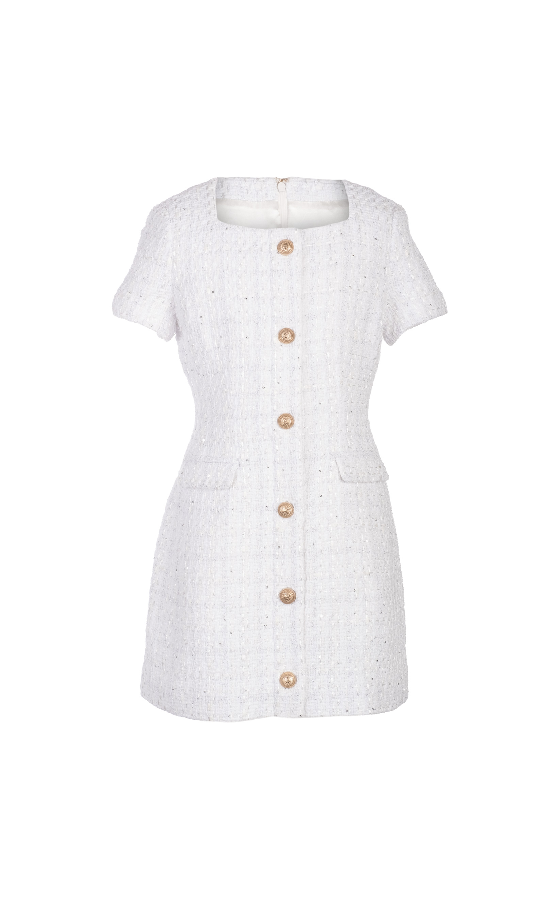 White tweed dress with gold buttons on a white background