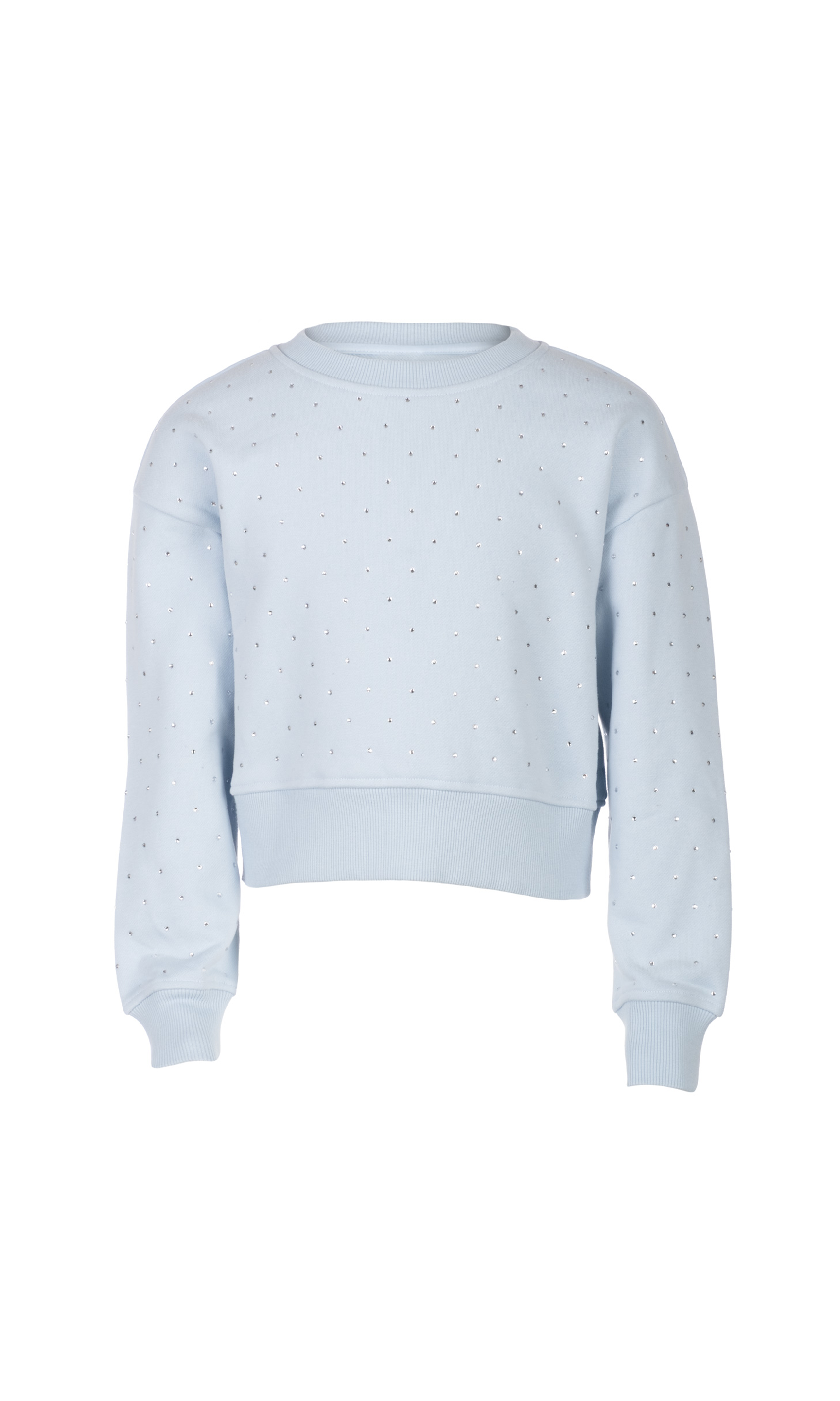Blue sweatshirt with small crystal embellishments on a white background