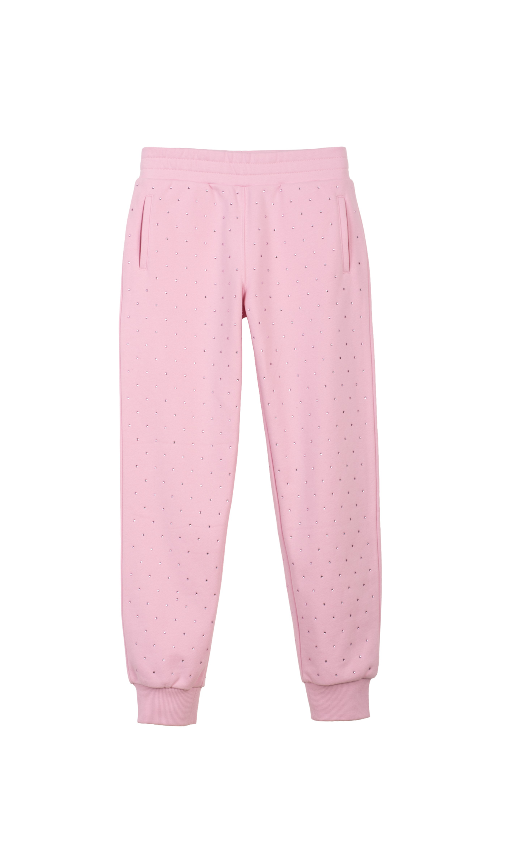 Pink sweatpants with crystal embellishments on a white background