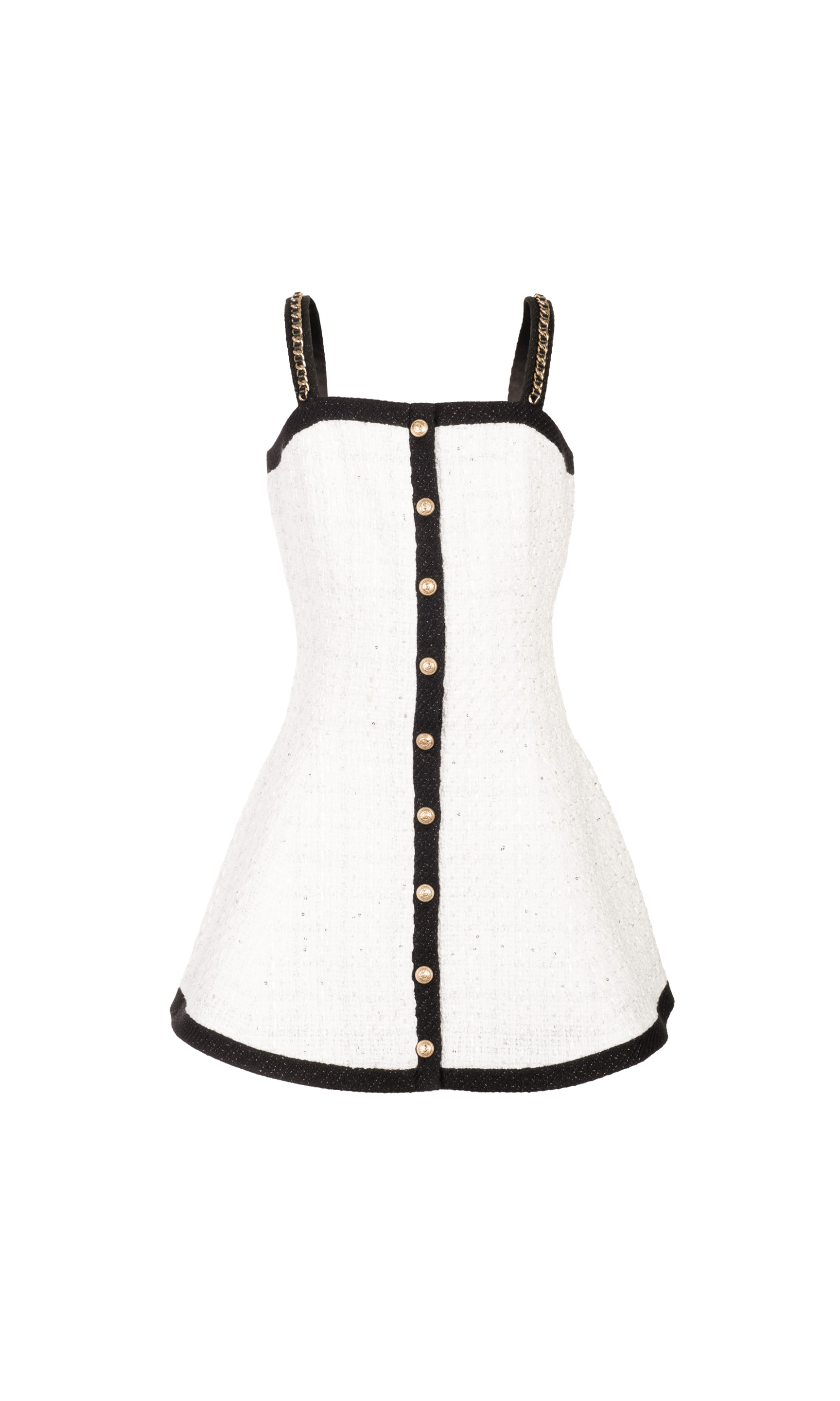 White tweed dress with black trim and buttons on a white background
