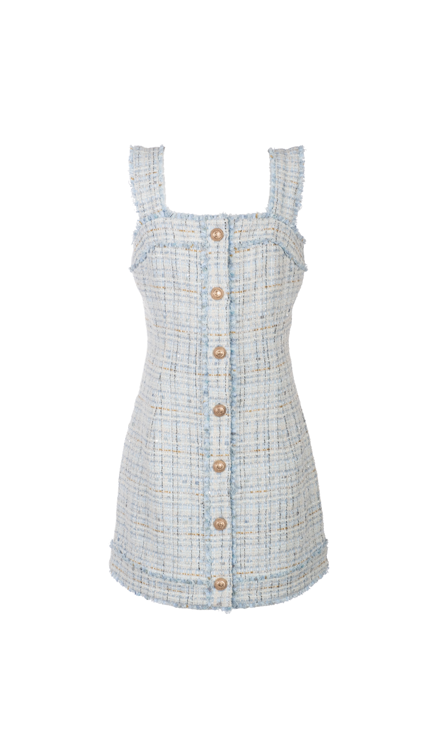 Blue checkered tweed dress with button details on a white background