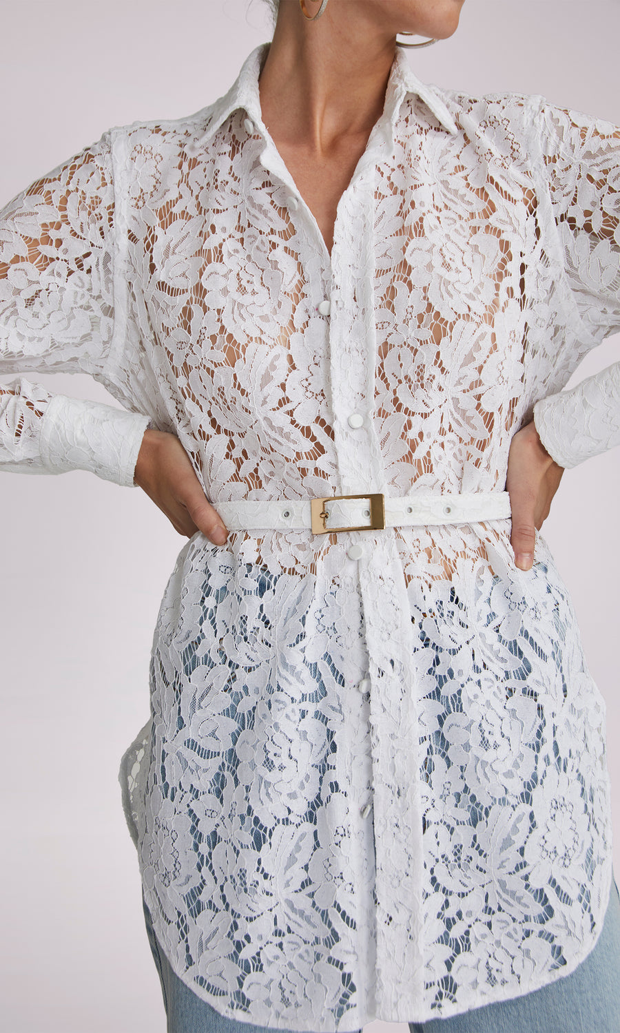 Marceline Belted Lace Shirt - White 