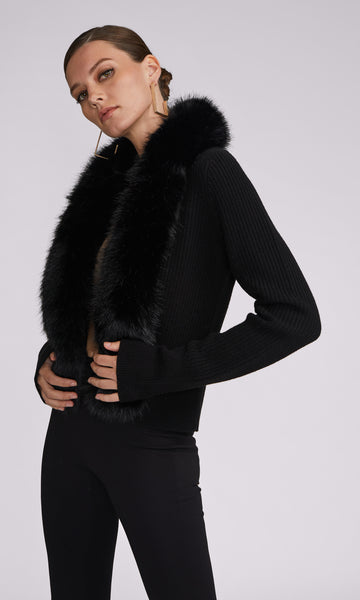 Black - Val Faux Fur Trim Cardigan