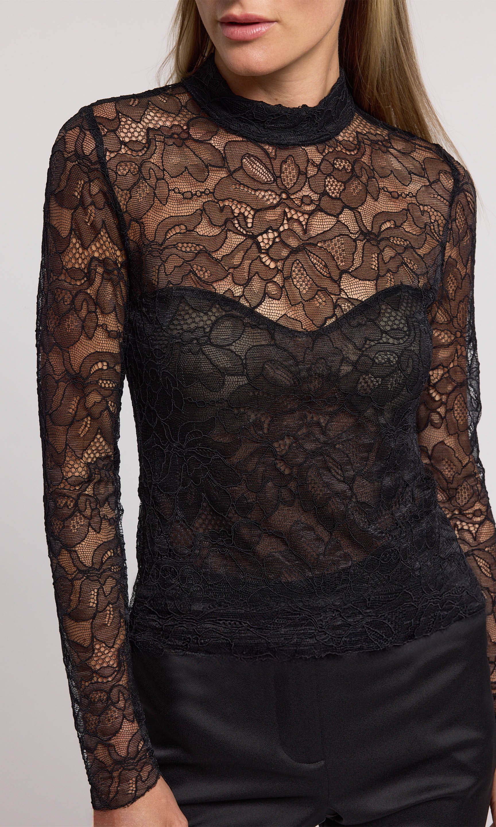 A long-sleeved black lace top featuring a high neck, showcasing intricate lace patterns and elegant design.