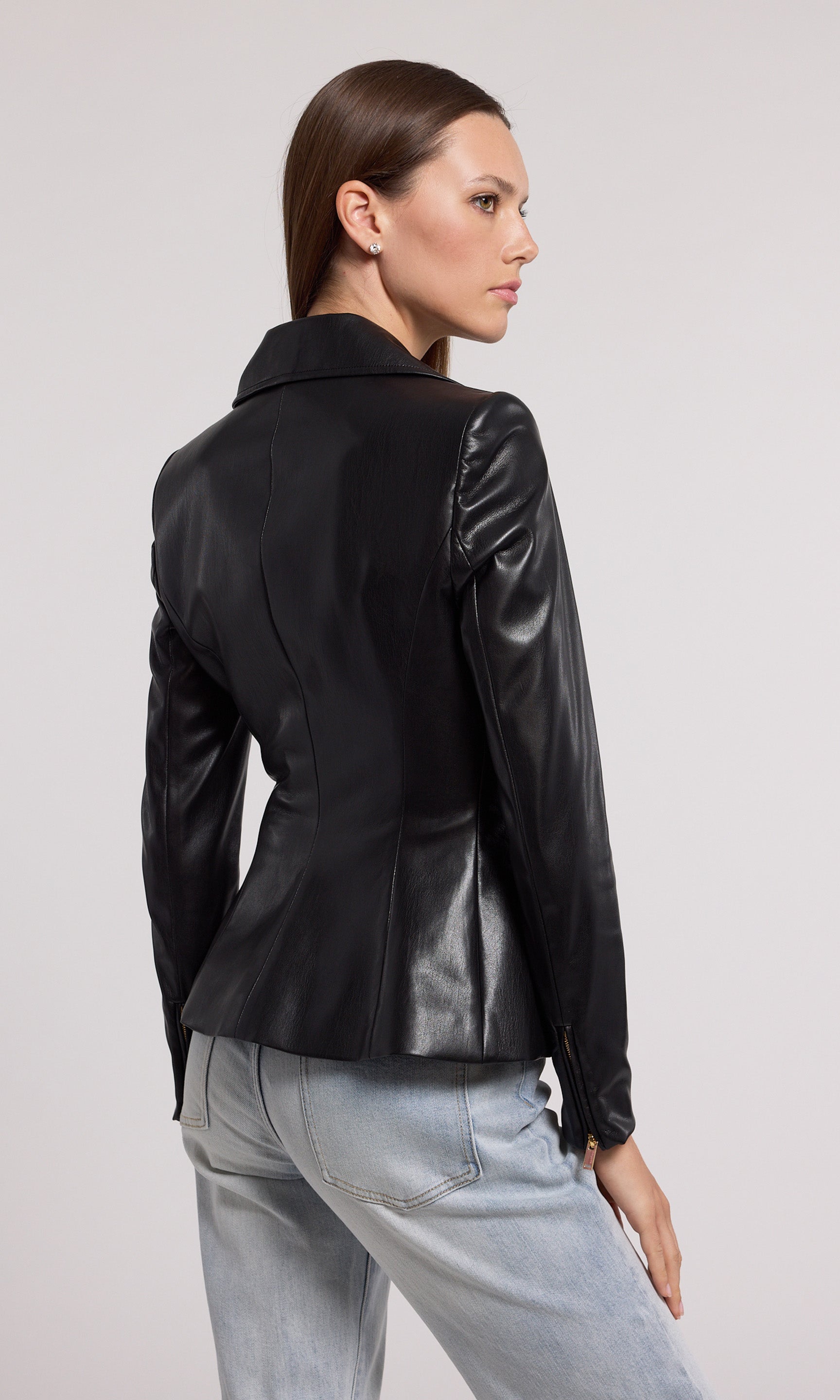 A stylish vegan leather jacket, perfect for this season's fashion trends, showcasing a sleek black design.