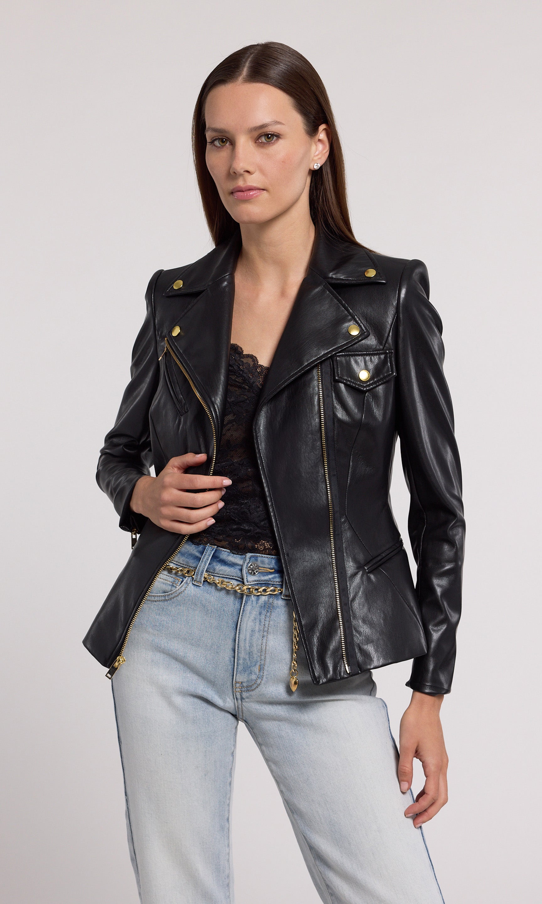 A stylish vegan leather jacket, perfect for this season's fashion trends, showcasing a sleek black design.