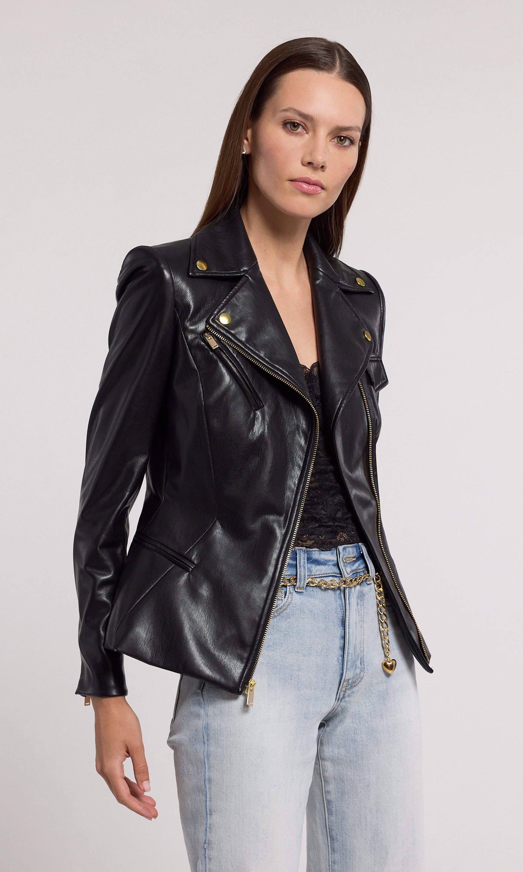 A stylish vegan leather jacket, perfect for this season's fashion trends, showcasing a sleek black design.