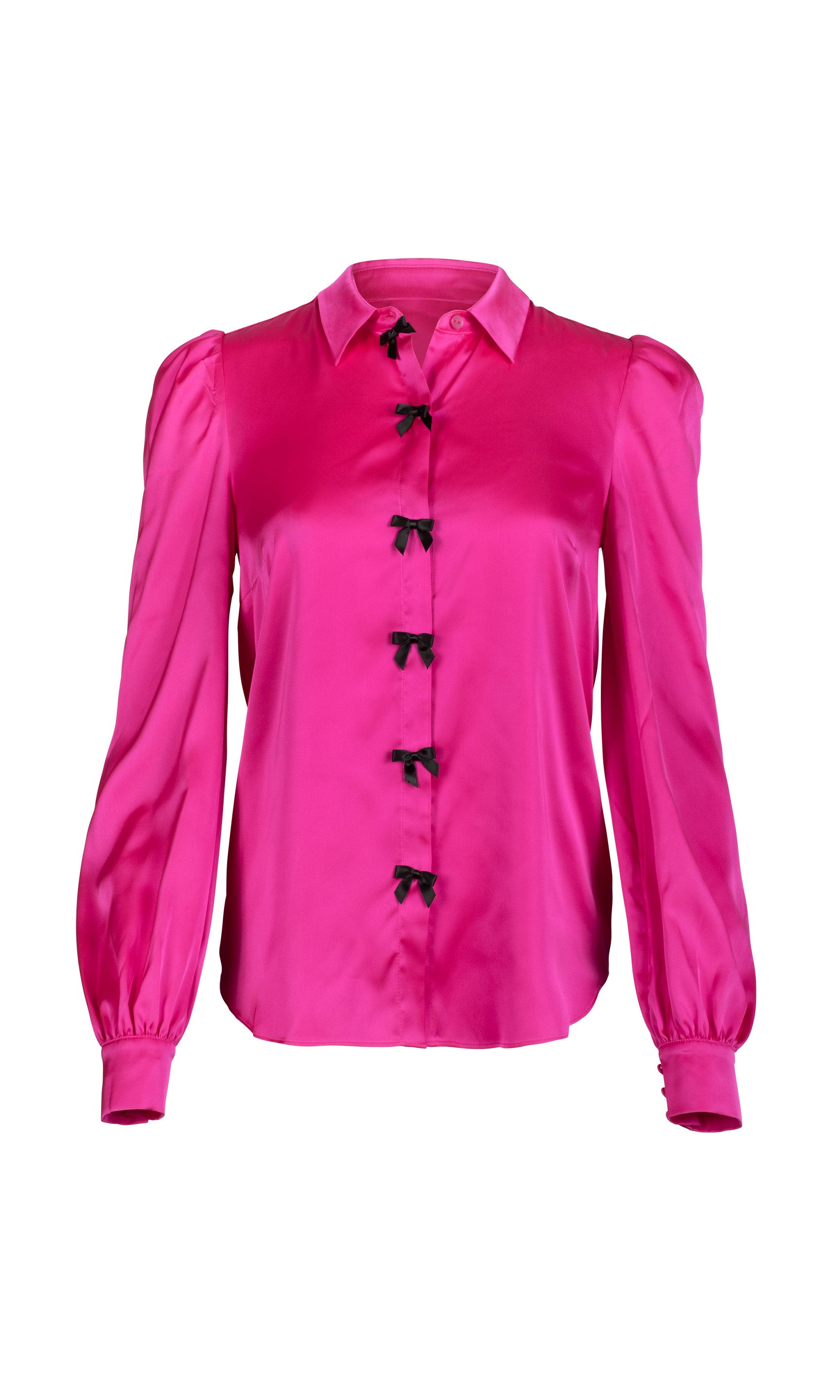 Pink blouse with black bow buttons on a white background