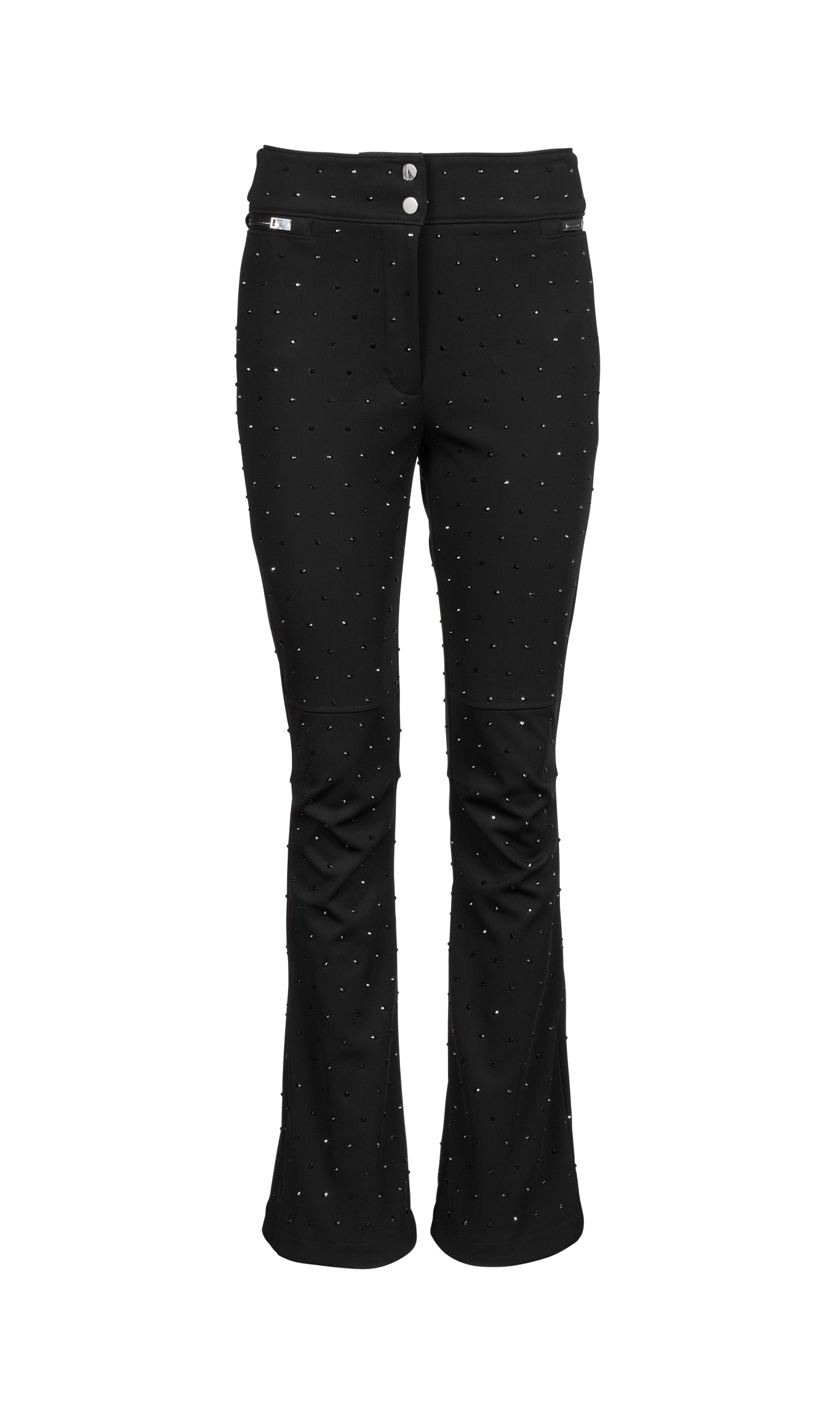 Black flared ski pants with rhinestone embellishments on a white background