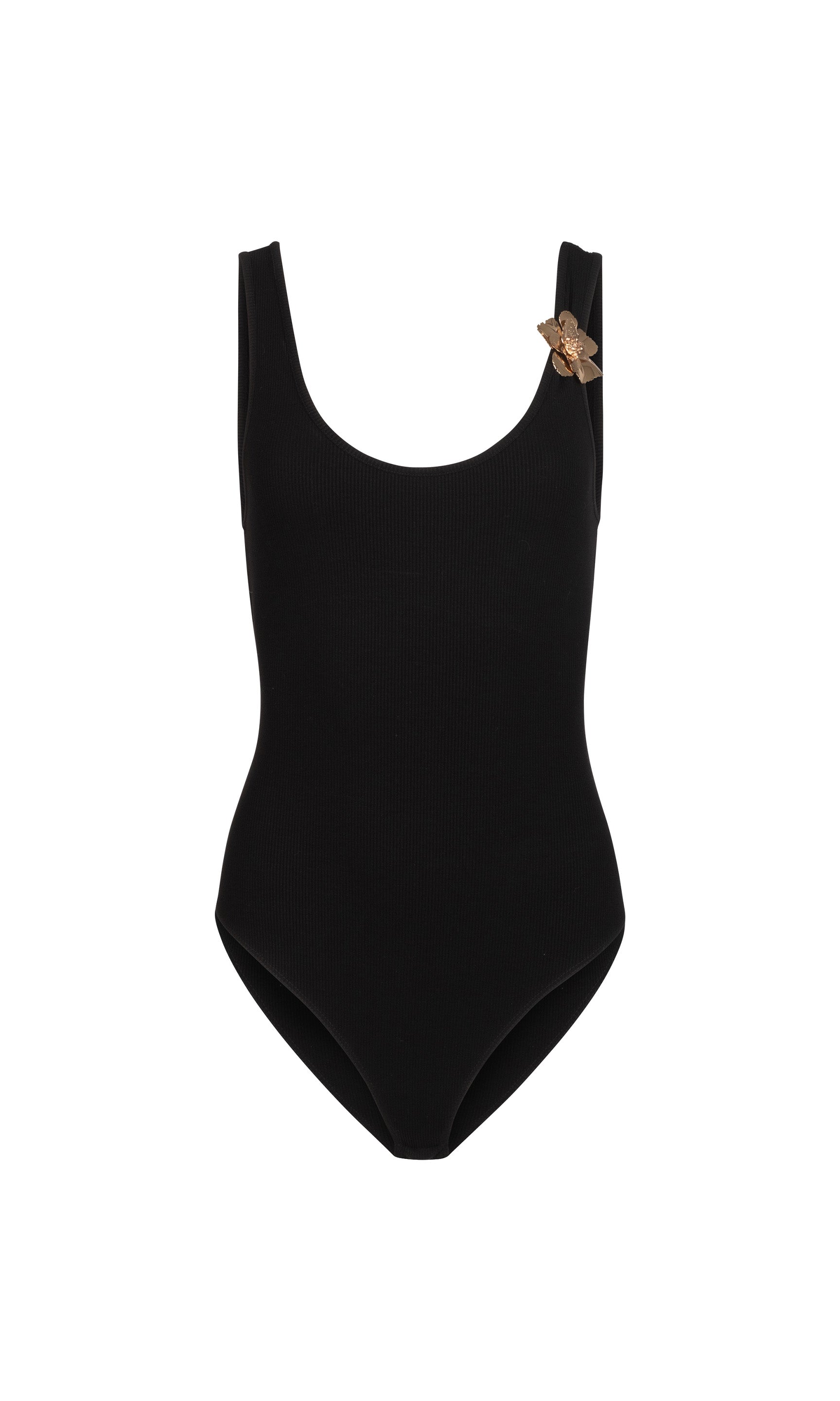 Black bodysuit with a small decorative flower on the shoulder on a white background
