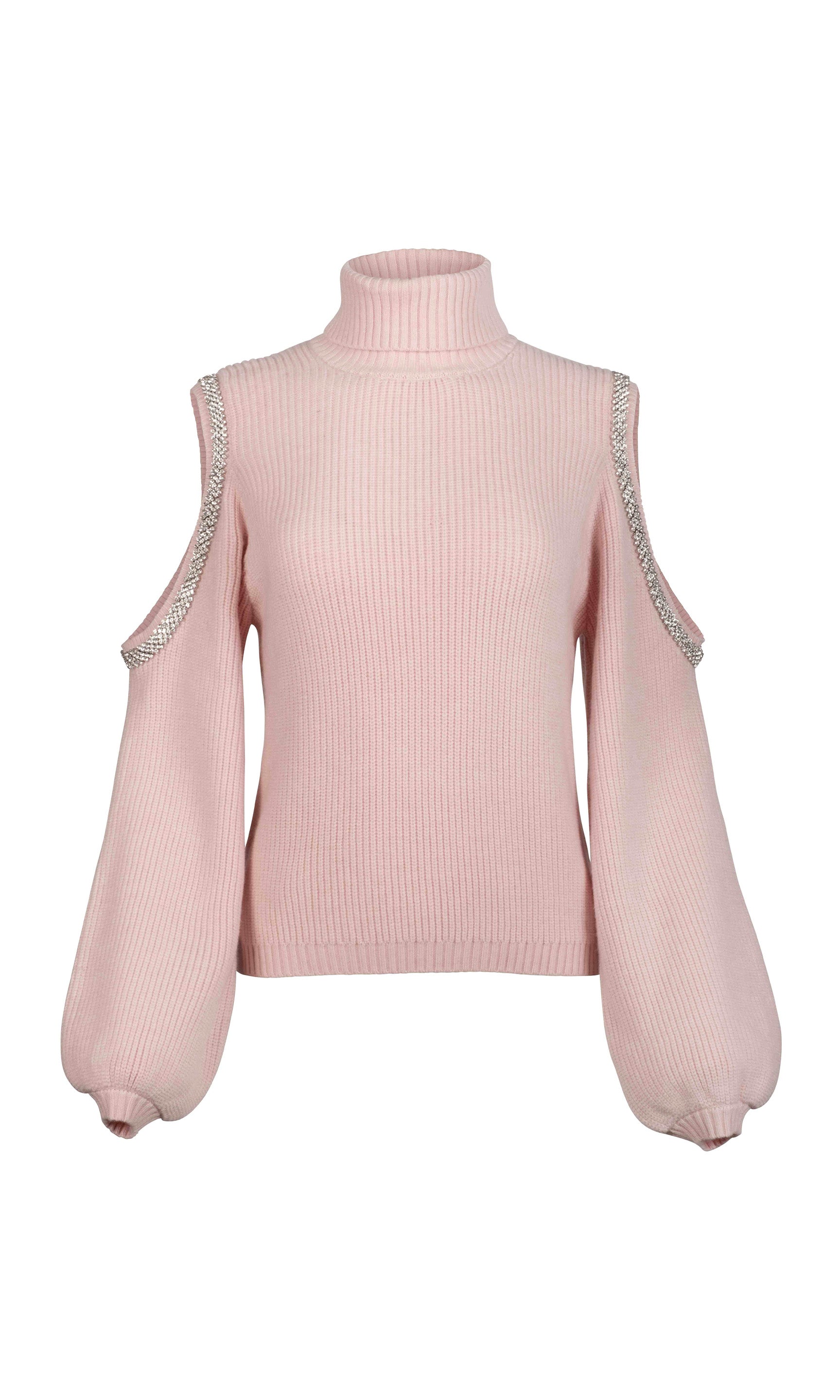 Pink ribbed turtleneck sweater with cold shoulder design on a white background