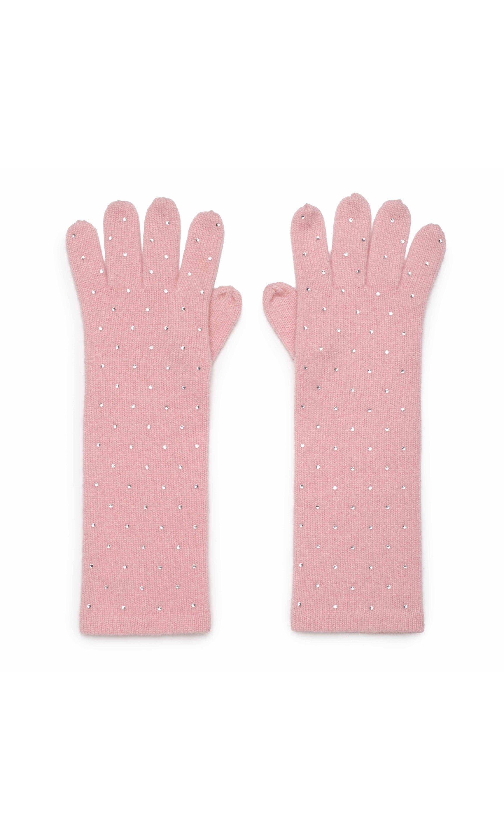 Pair of pink gloves with white crystals on a white background
