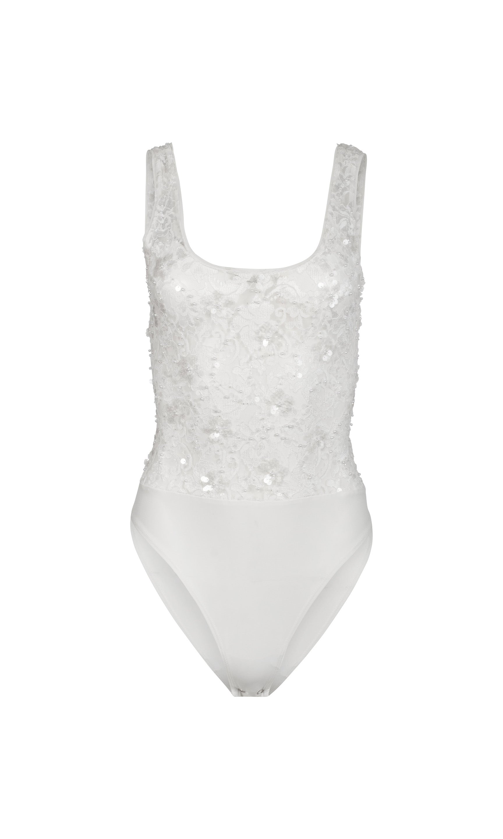 White sequin+lace bodysuit on a white background