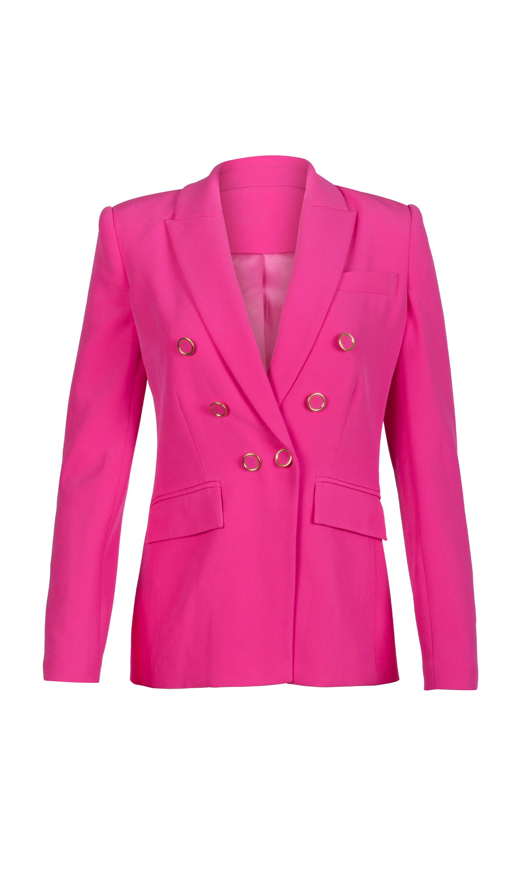 Hot pink blazer with gold buttons on a white background