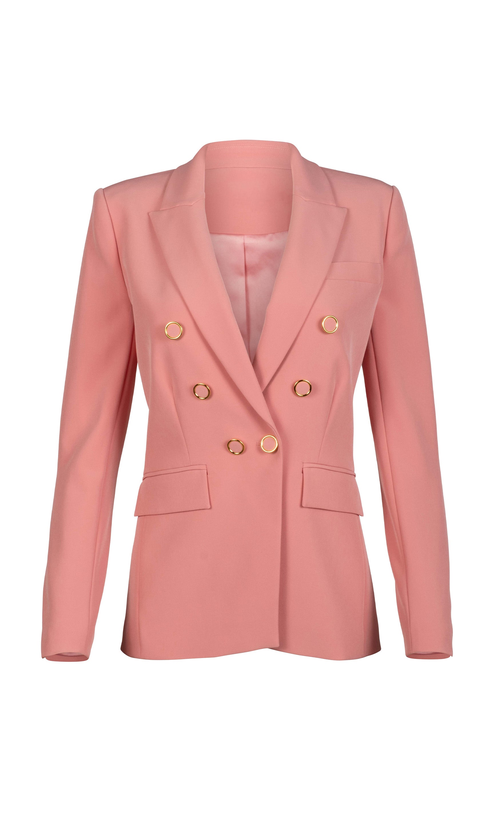 Pink blazer with gold buttons on a white background