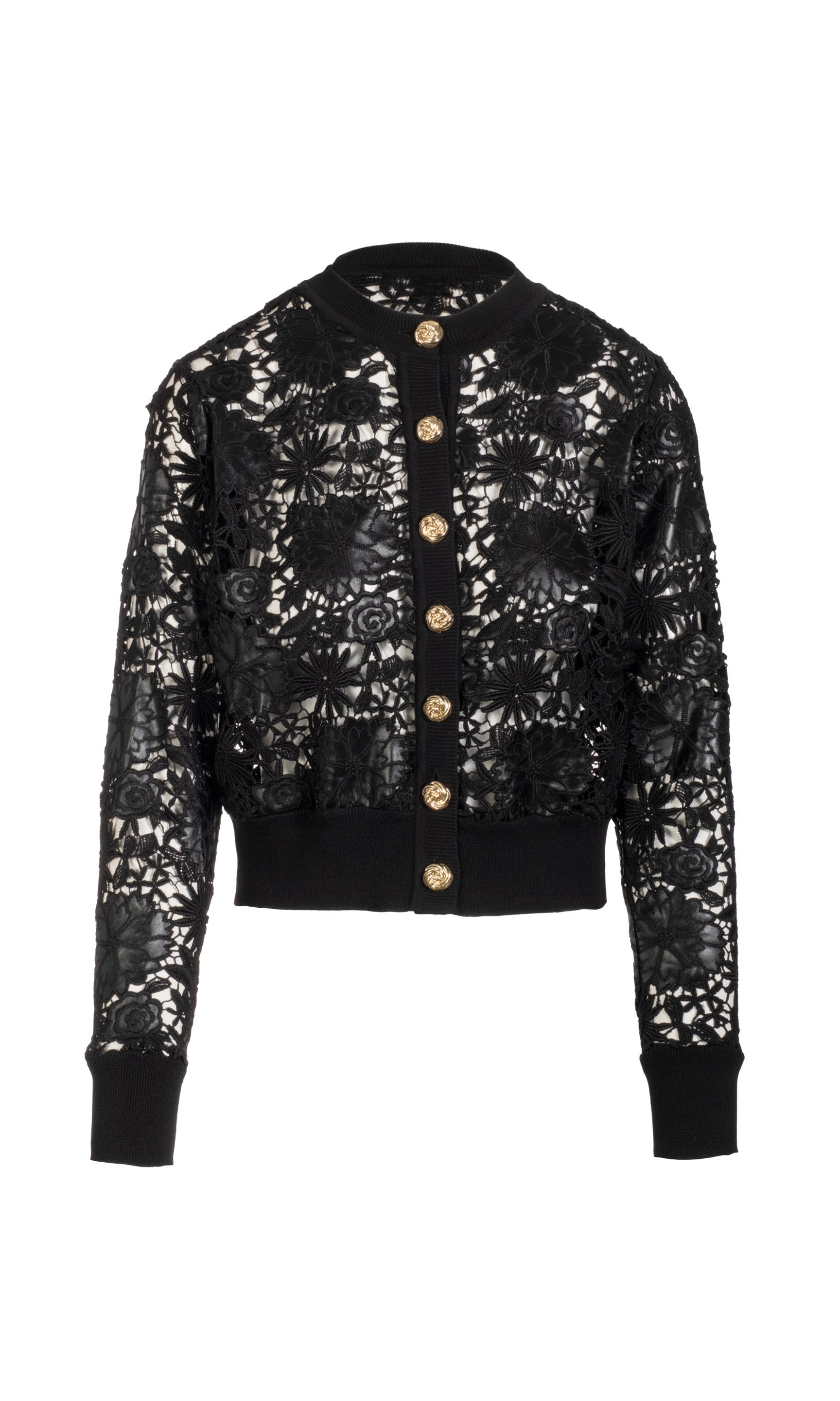 Black lace cardigan with gold buttons on a white background
