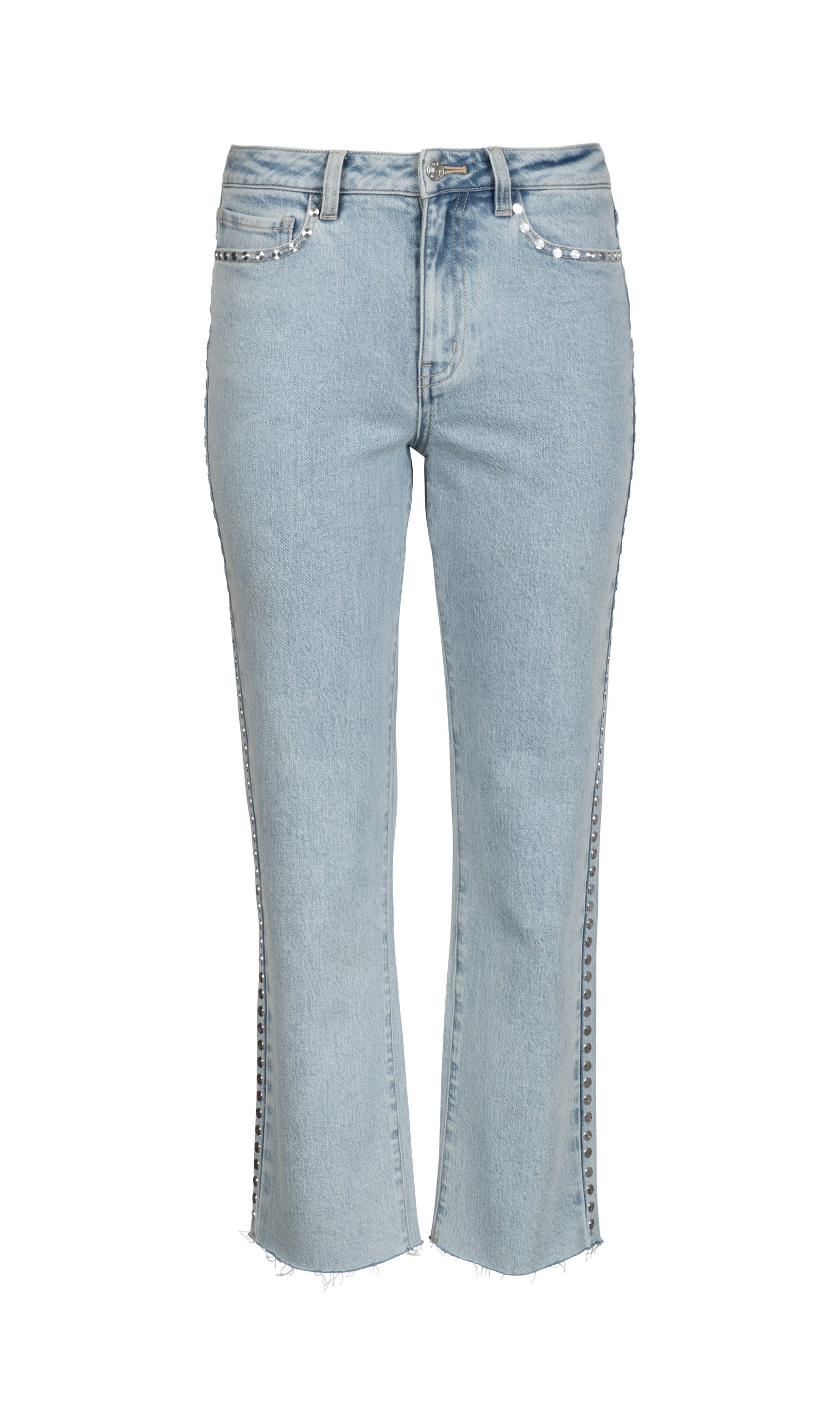 Light blue jeans with decorative silver studs on a white background