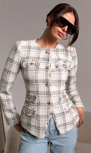 【MOON】KINGSWOOD ツイード ジャケット Havana Windowpane Tweed Blazer Ivory/Black | Generation Love