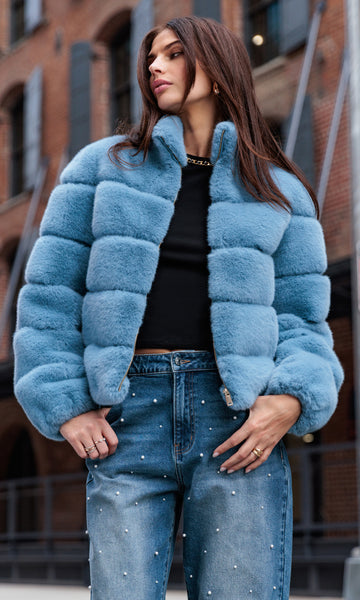 Jodi Faux Fur Jacket Denim Blue | Generation Love