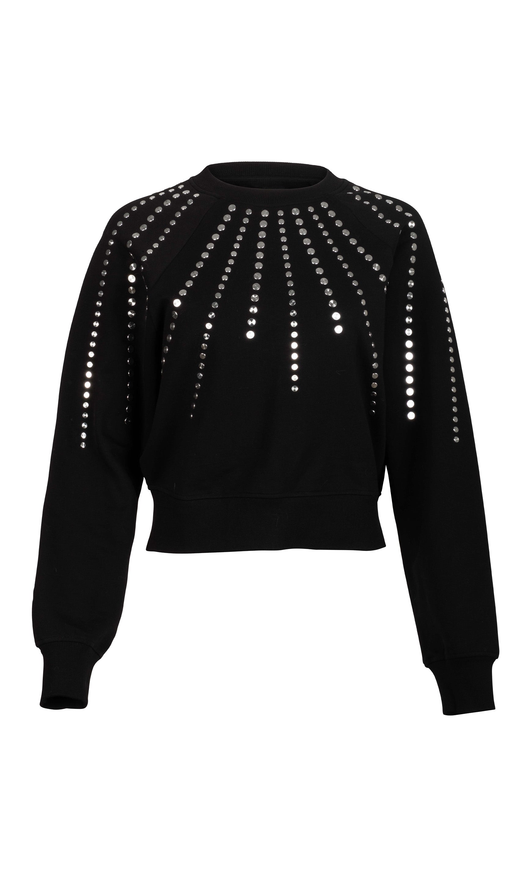 Black sweater with silver stud embellishments on a white background