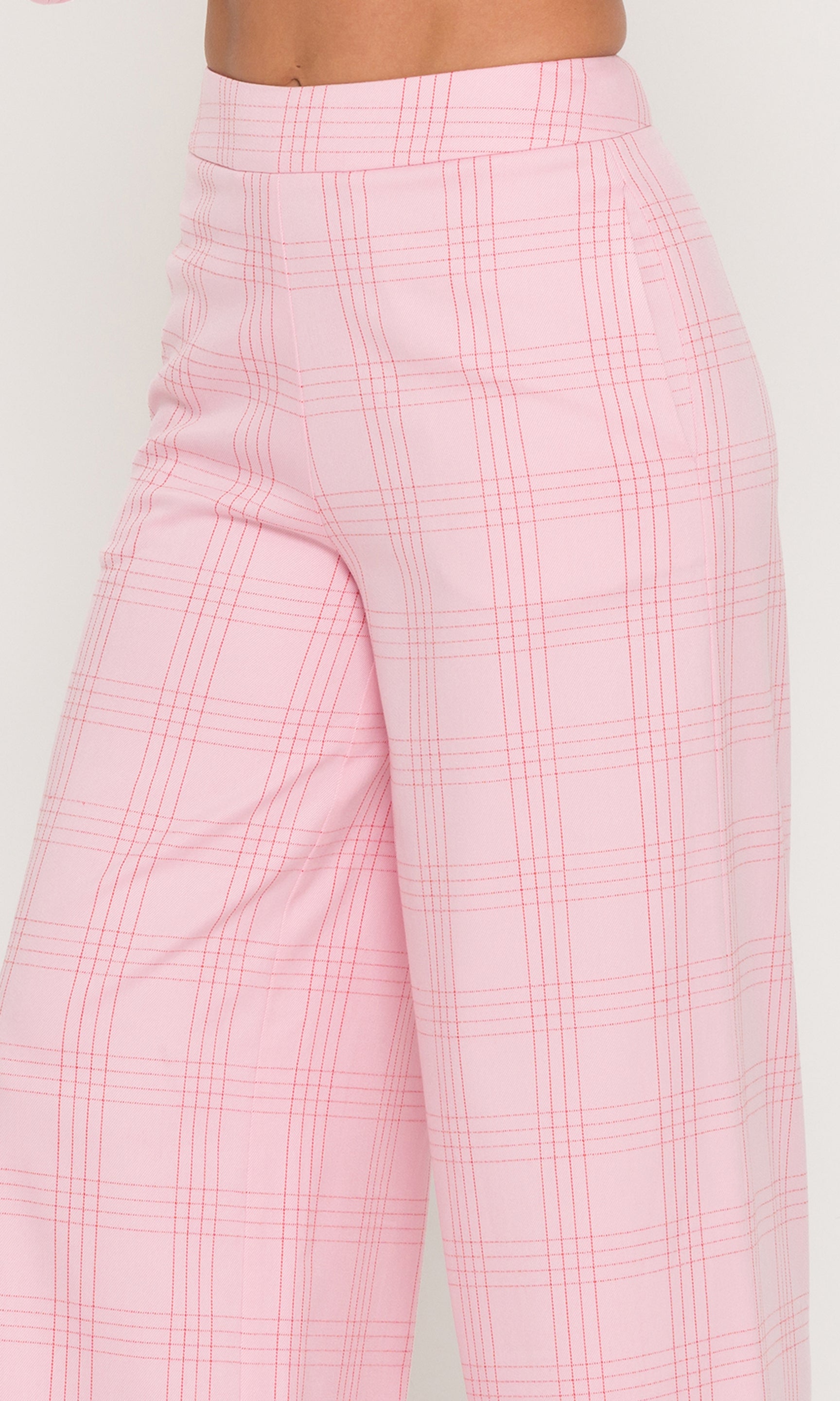 Close-up of pink checkered pants on a white background