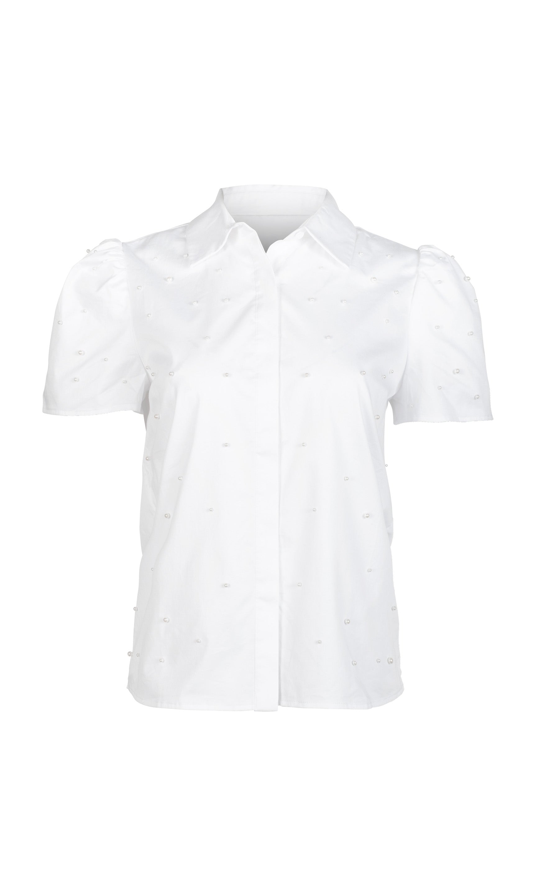 White short-sleeve shirt with pearl embellishments on a white background