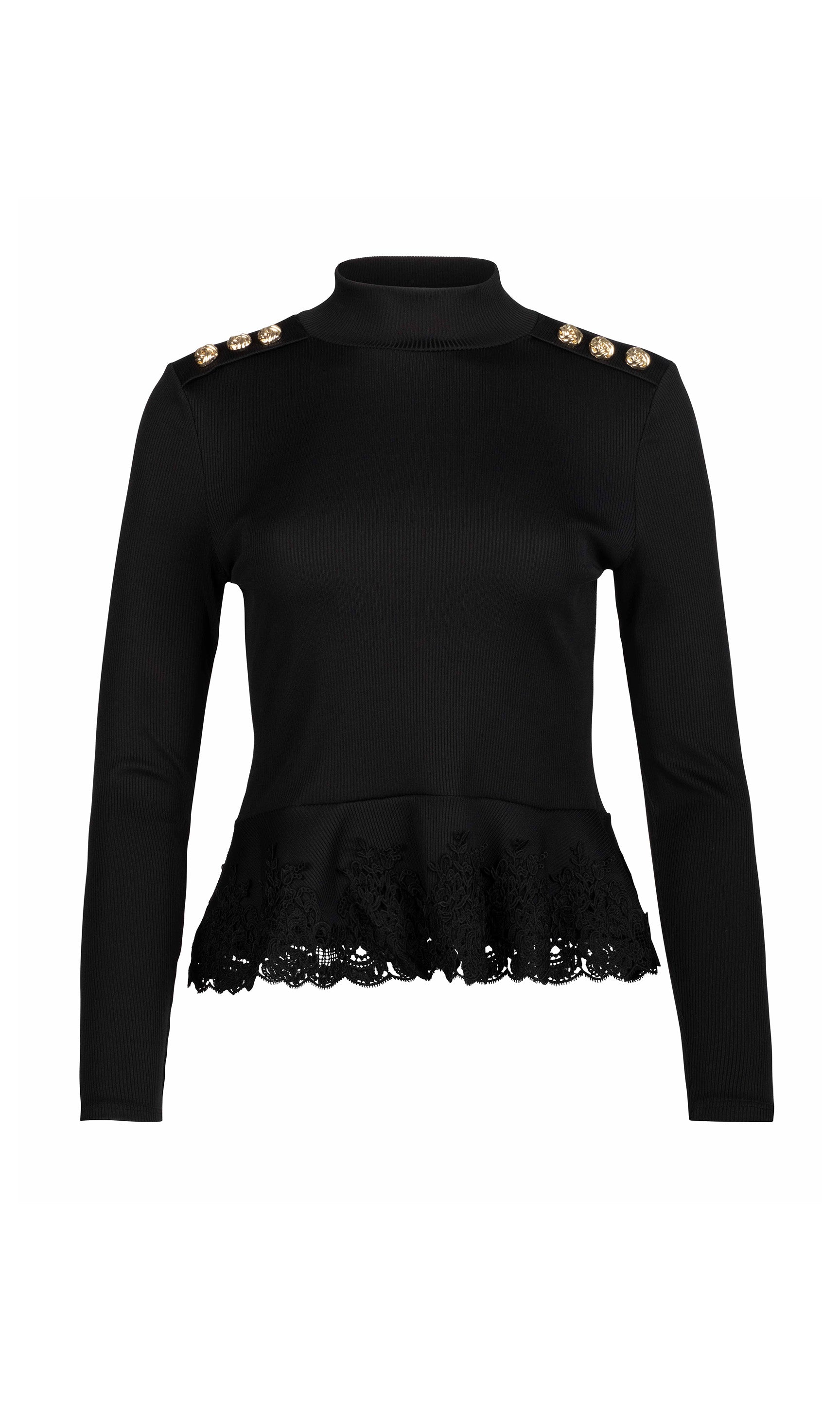 Black long-sleeve top with lace hem and gold buttons shoulders on a white background