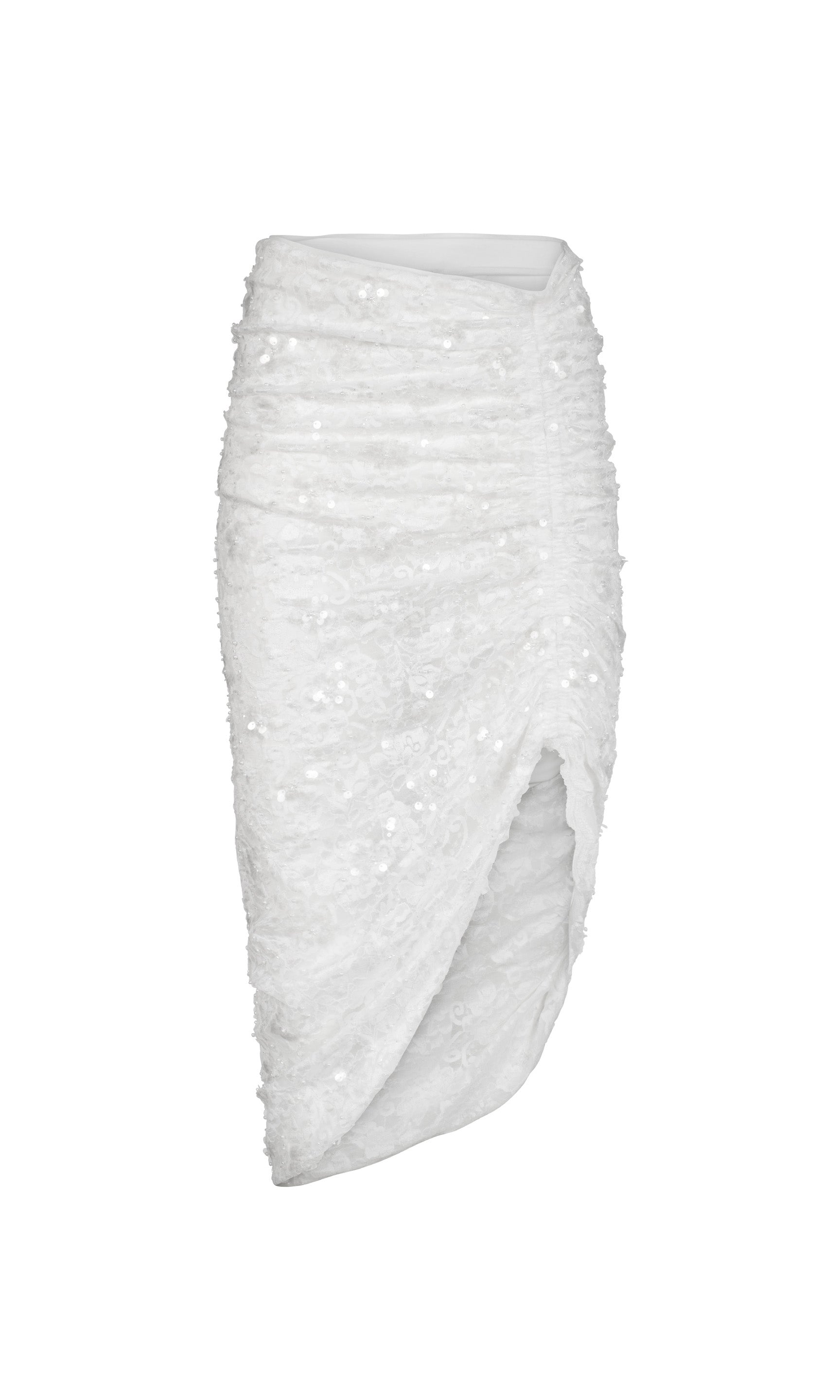 White sequin+lace midi skirt on a white background