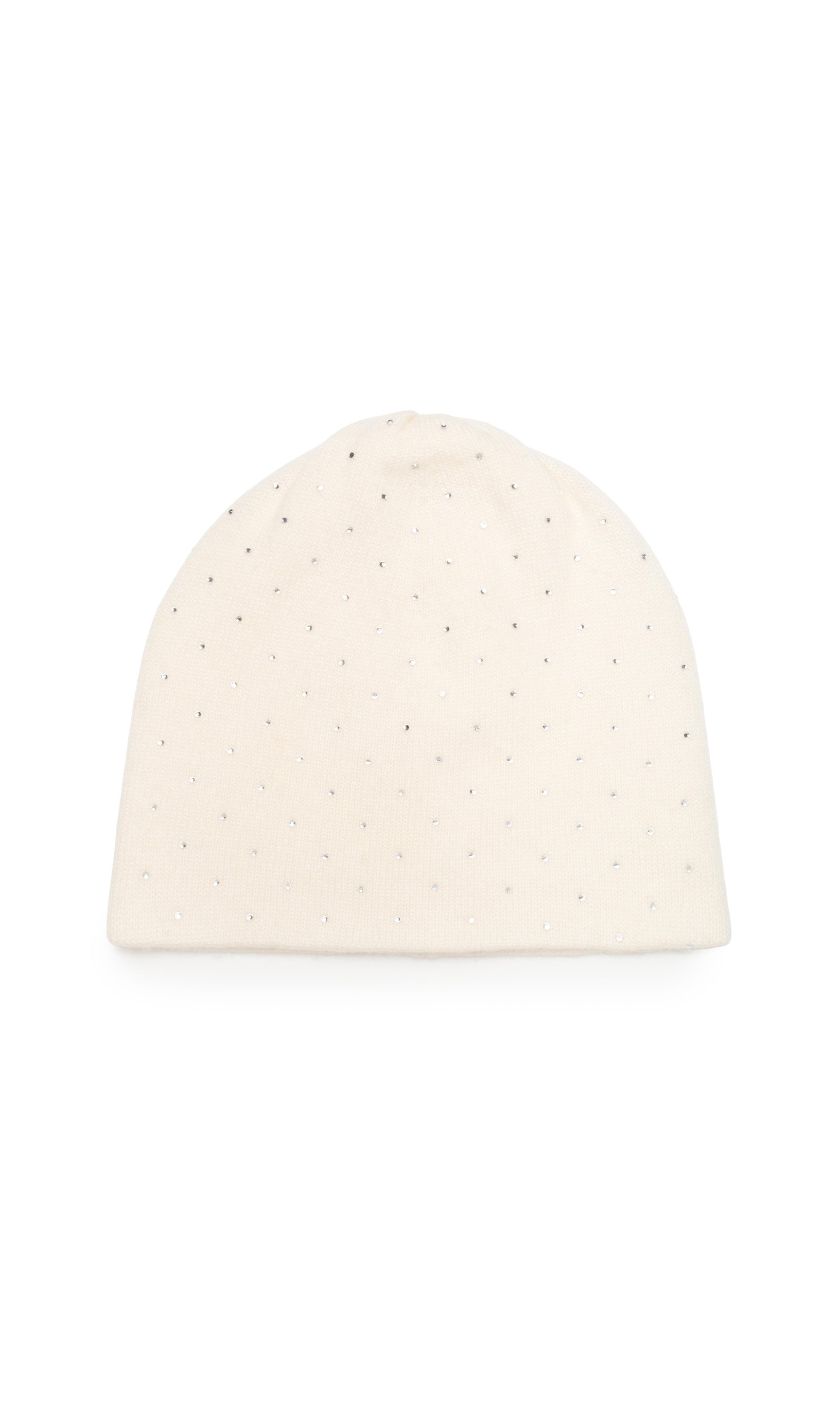 Beige beanie with small crystals on a white background