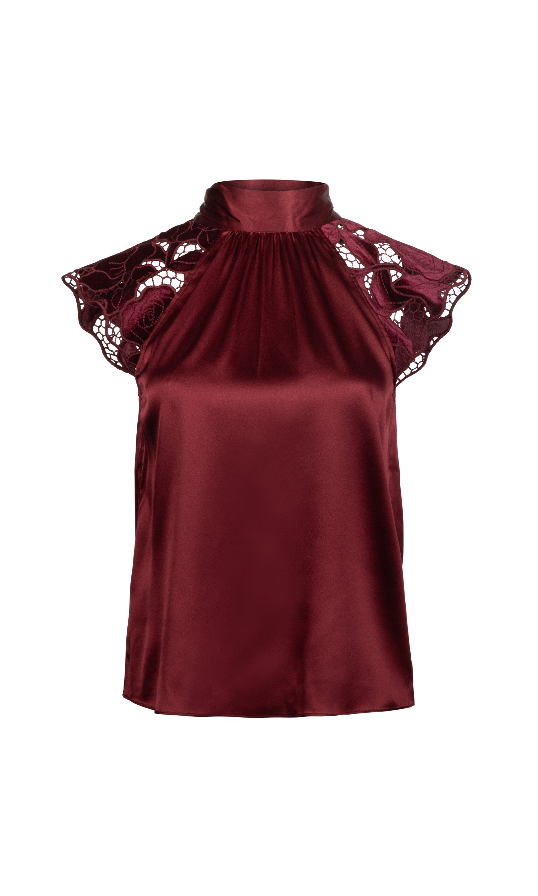 Burgundy satin top with velvet-lace detailing on the cap shoulders on a white background