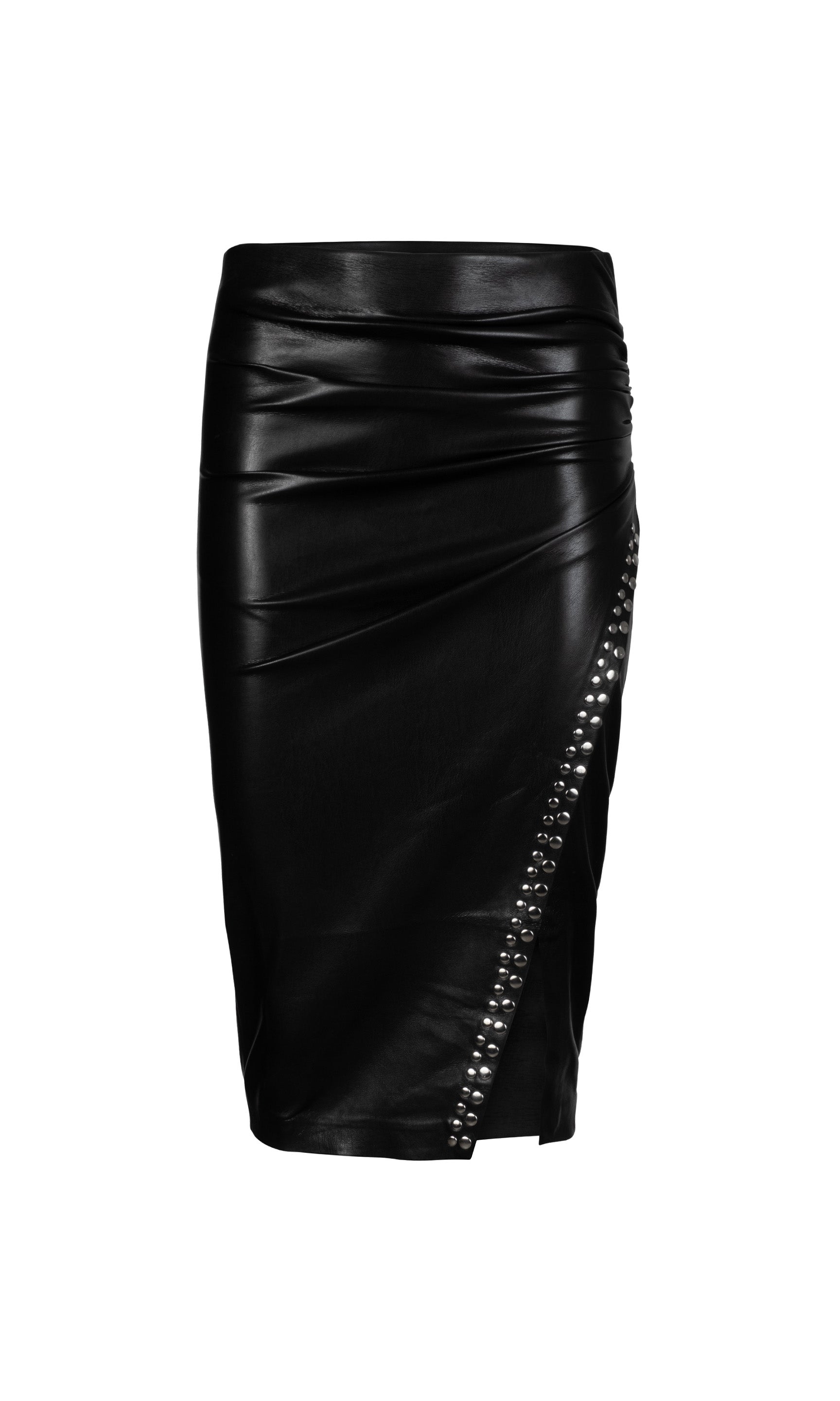 Black leather skirt with studded details on a white background