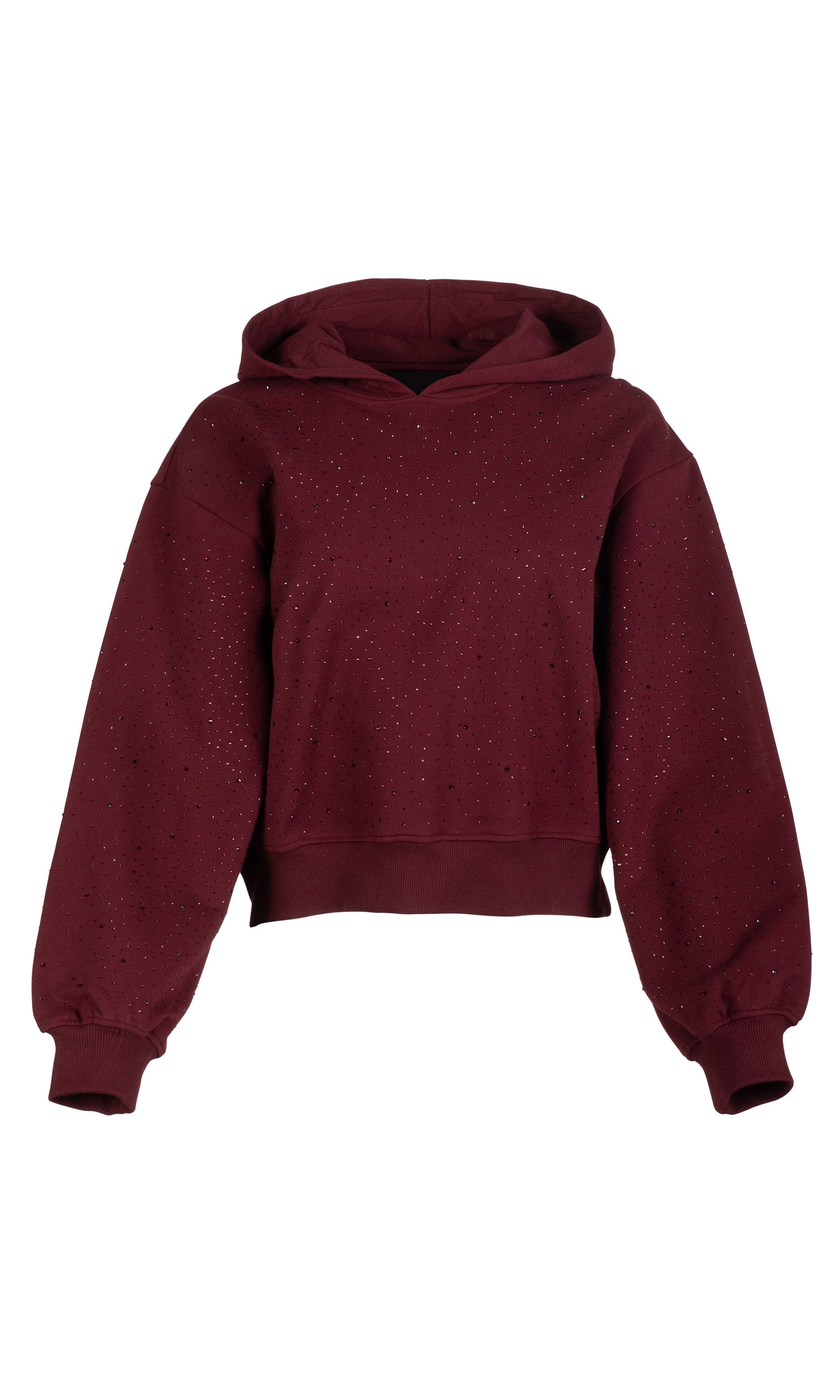 Maroon hoodie with crystal embellishments on a white background
