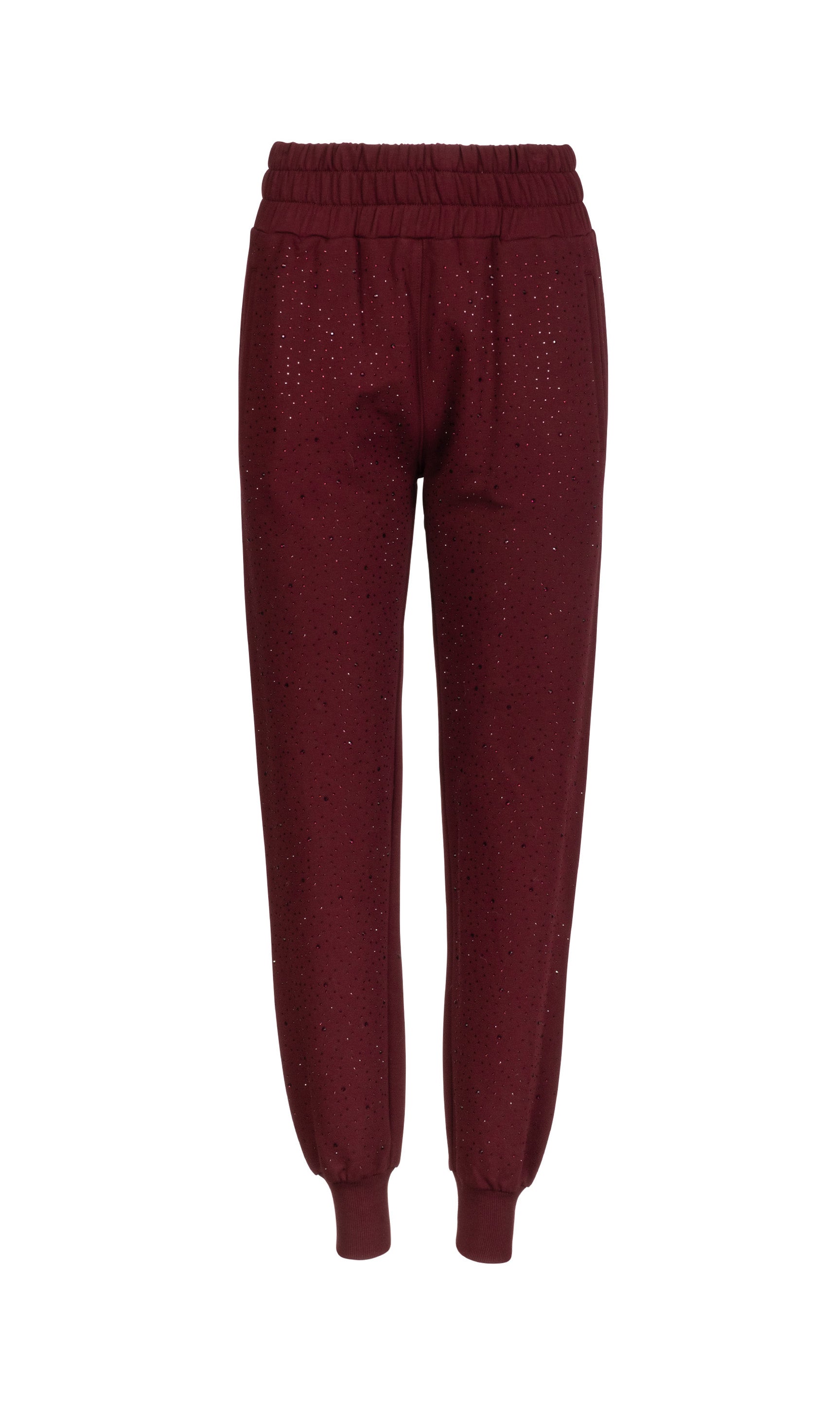 Maroon jogger pants with crystal embellishements on a white background