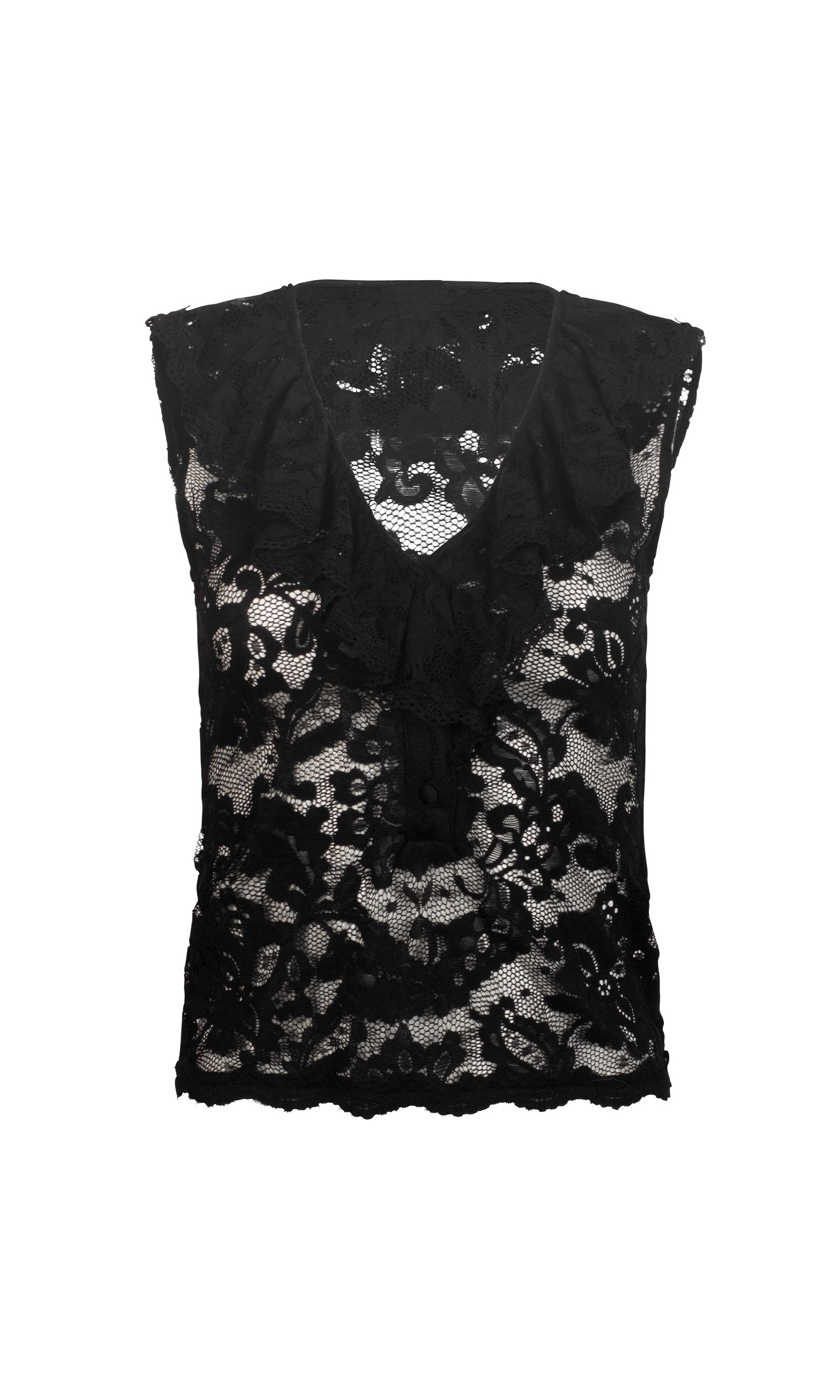 Black lace tank top with ruffle front detail on a white background