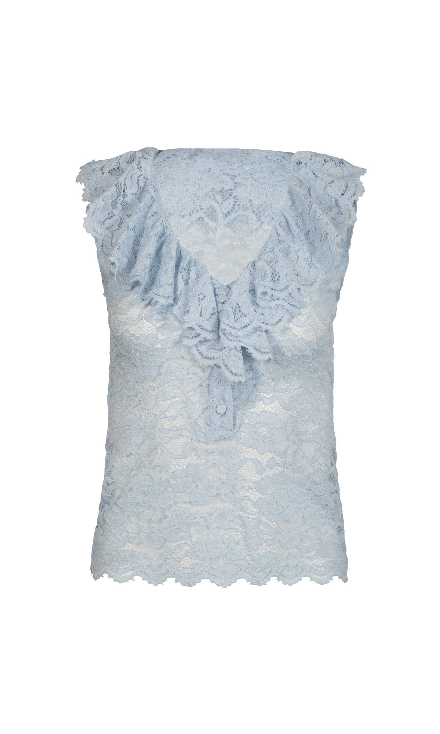 Light blue lace tank top with ruffle front detail on a white background