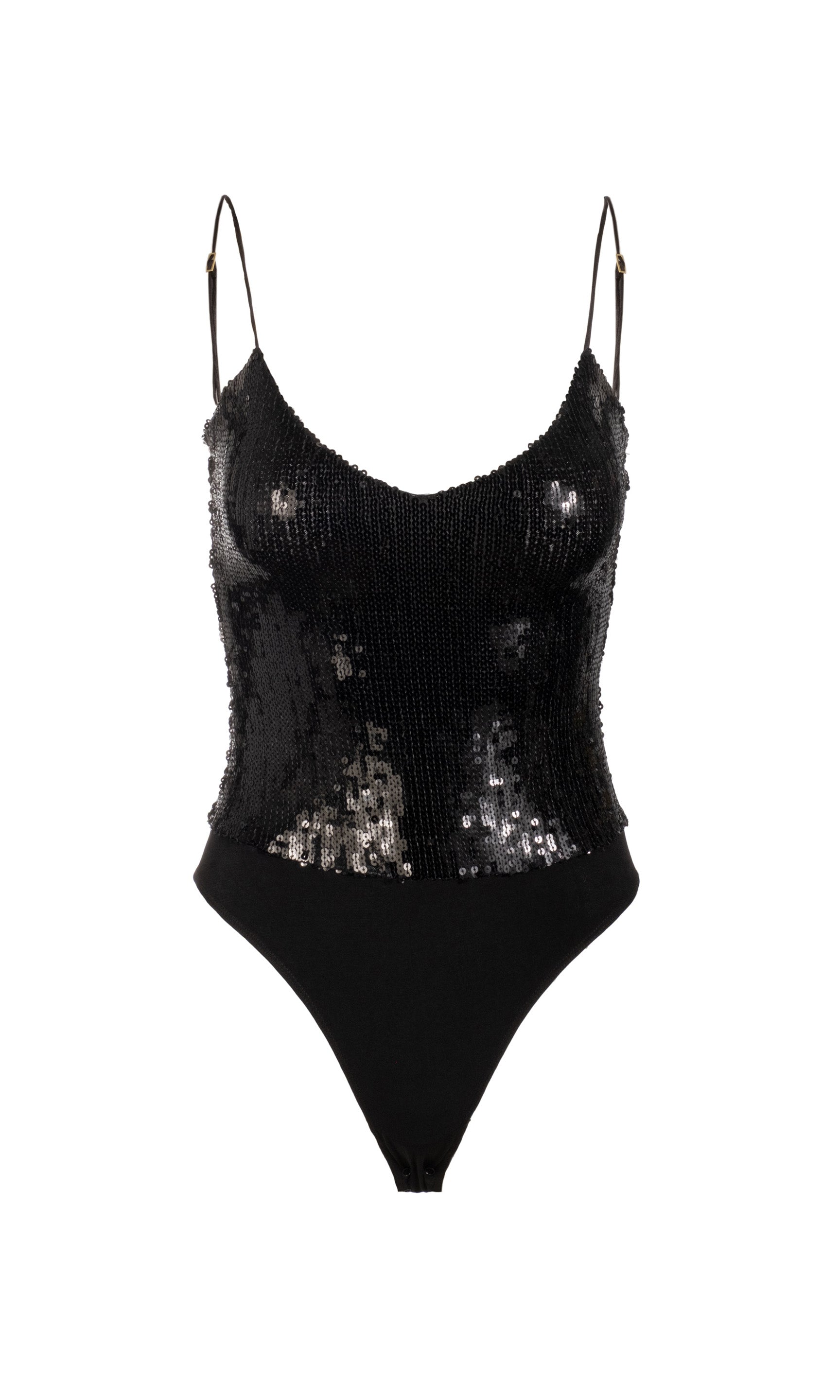 Ghost image of black sequin bodysuit on a white background