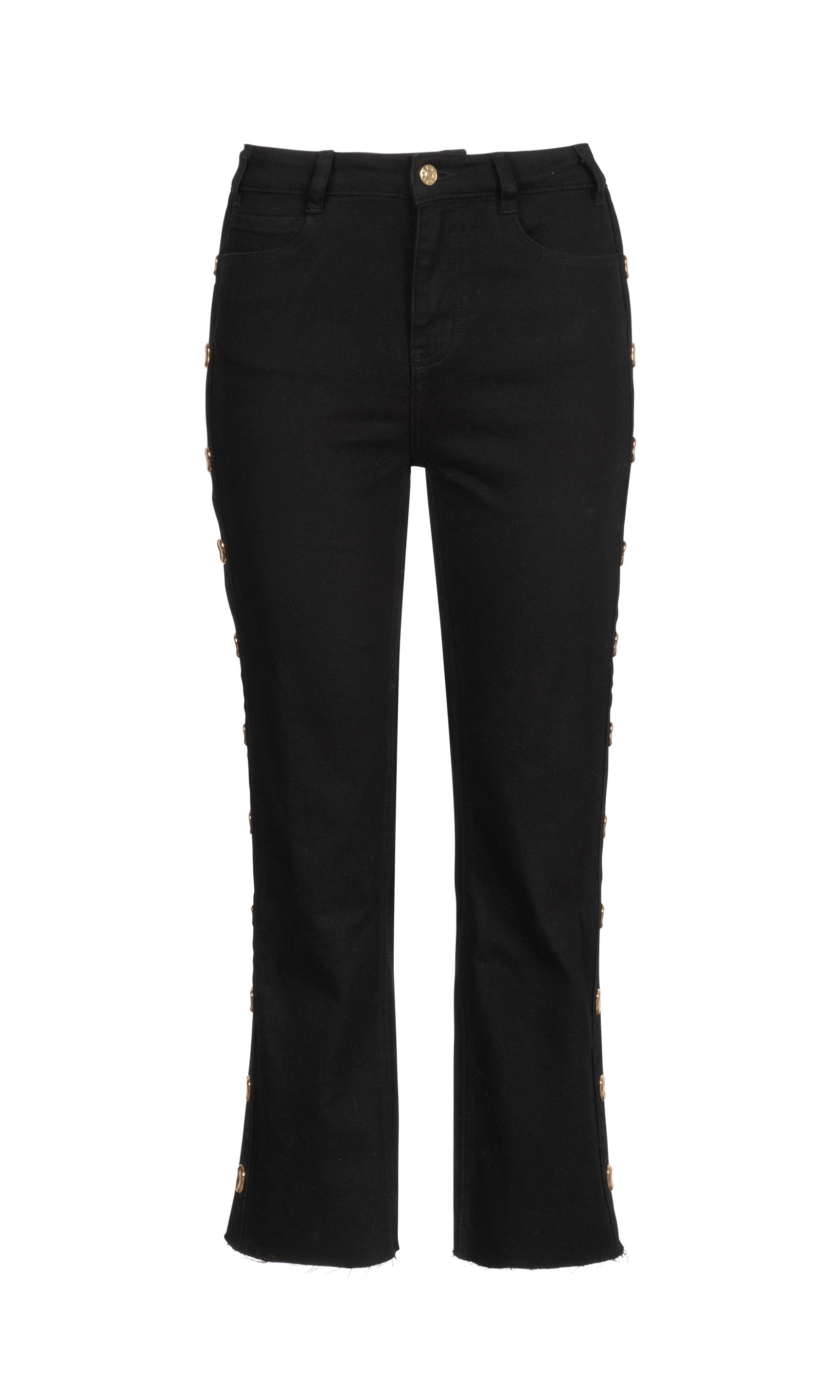 Black pants with gold buttons on the pant legs on a white background