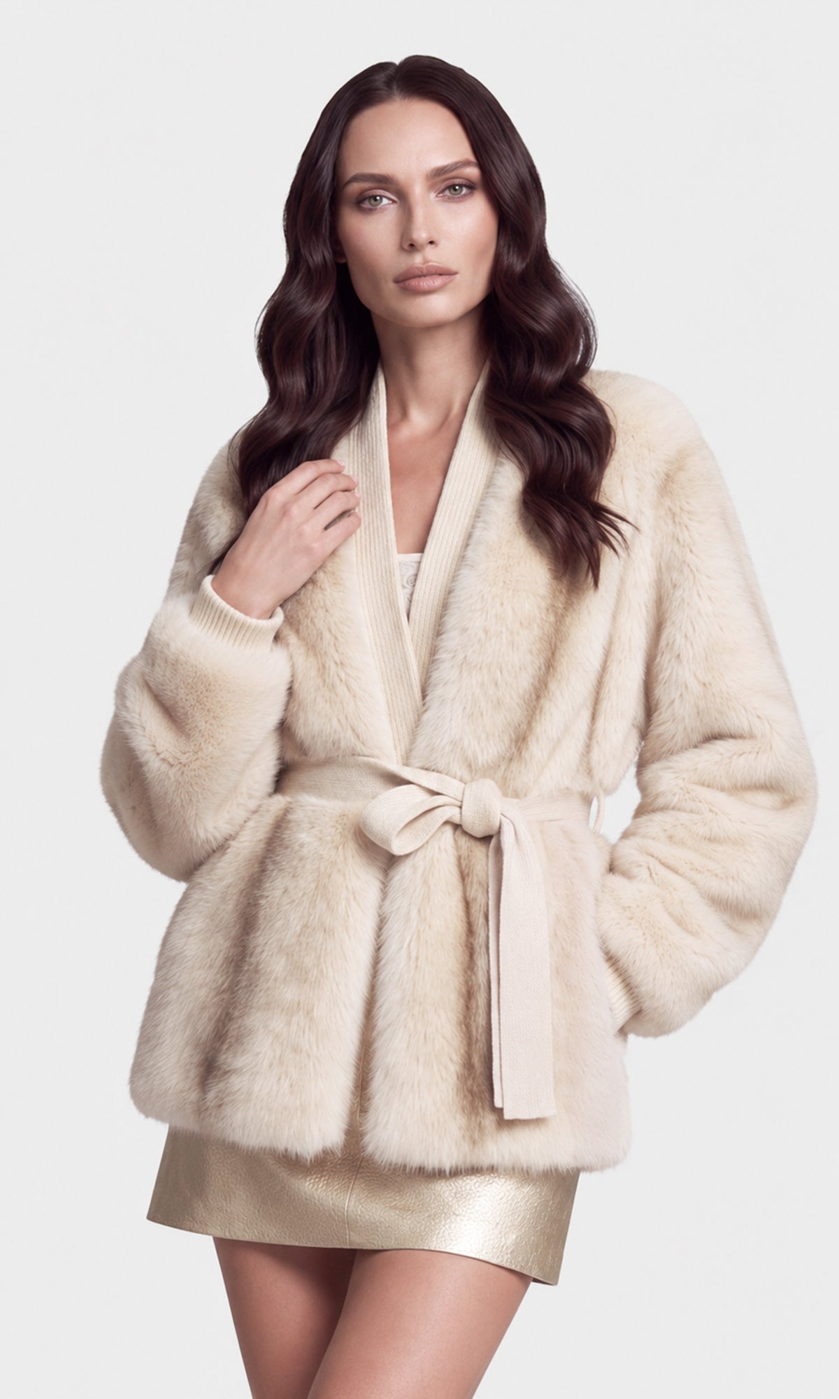 A woman modeling a plush cream faux fur wrap coat with a matching tie belt, paired with a metallic gold mini skirt.